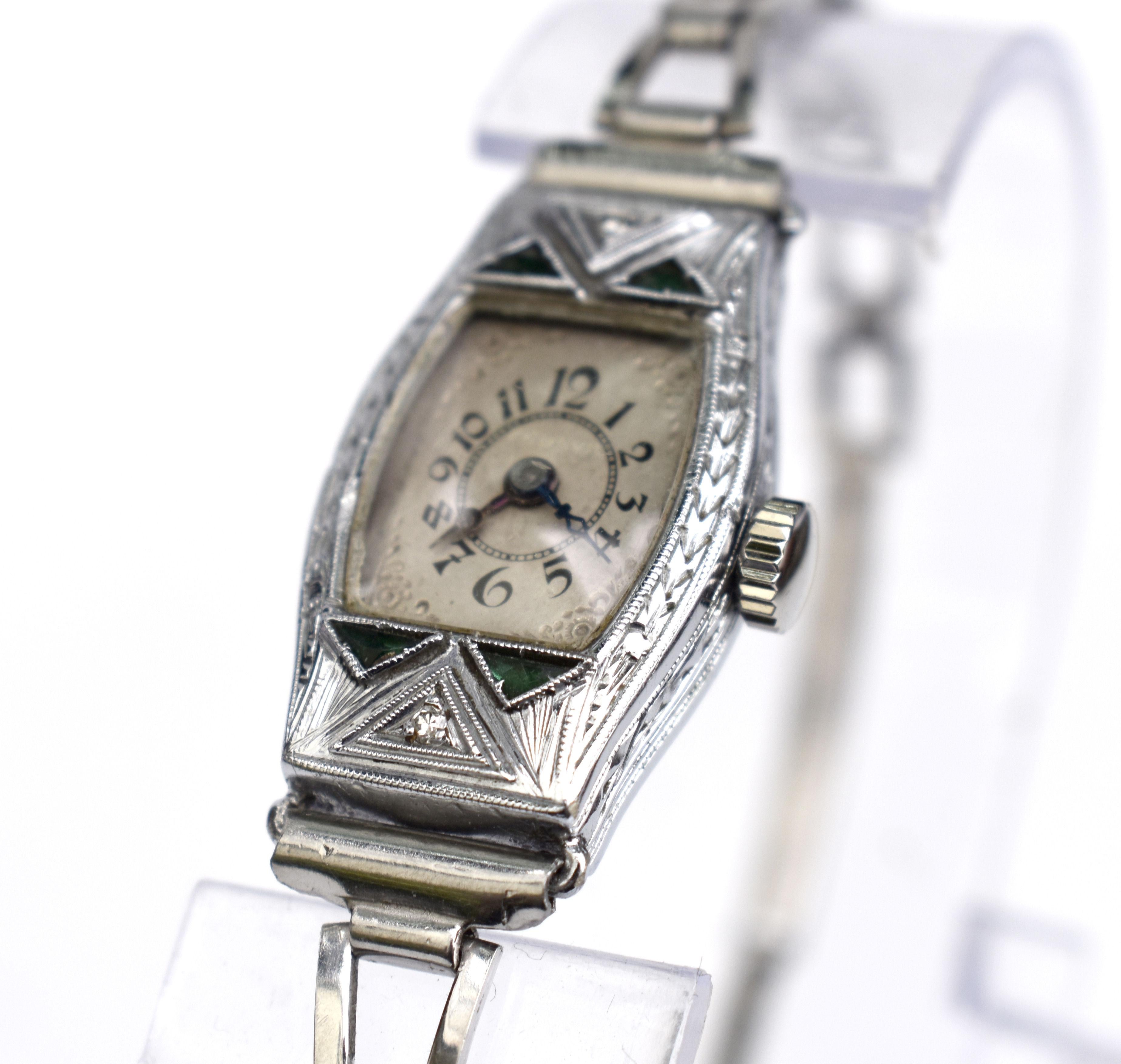 Art Deco Ladies White Gold Filled Manual Watch with Emeralds, Serviced, C1928 In Good Condition For Sale In Westward ho, GB