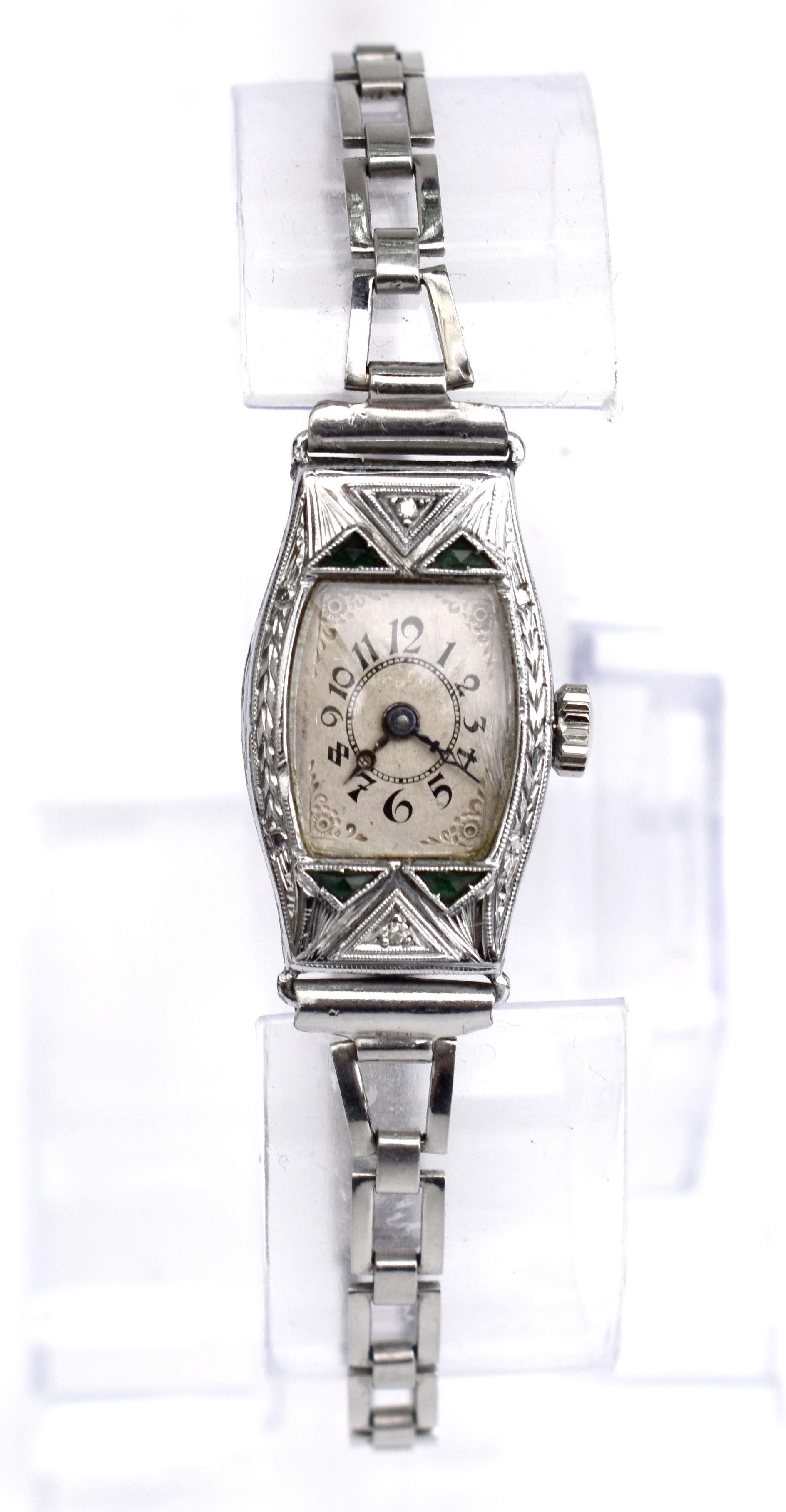 Art Deco Ladies White Gold Filled Manual Watch with Emeralds, Serviced, C1928 For Sale 1