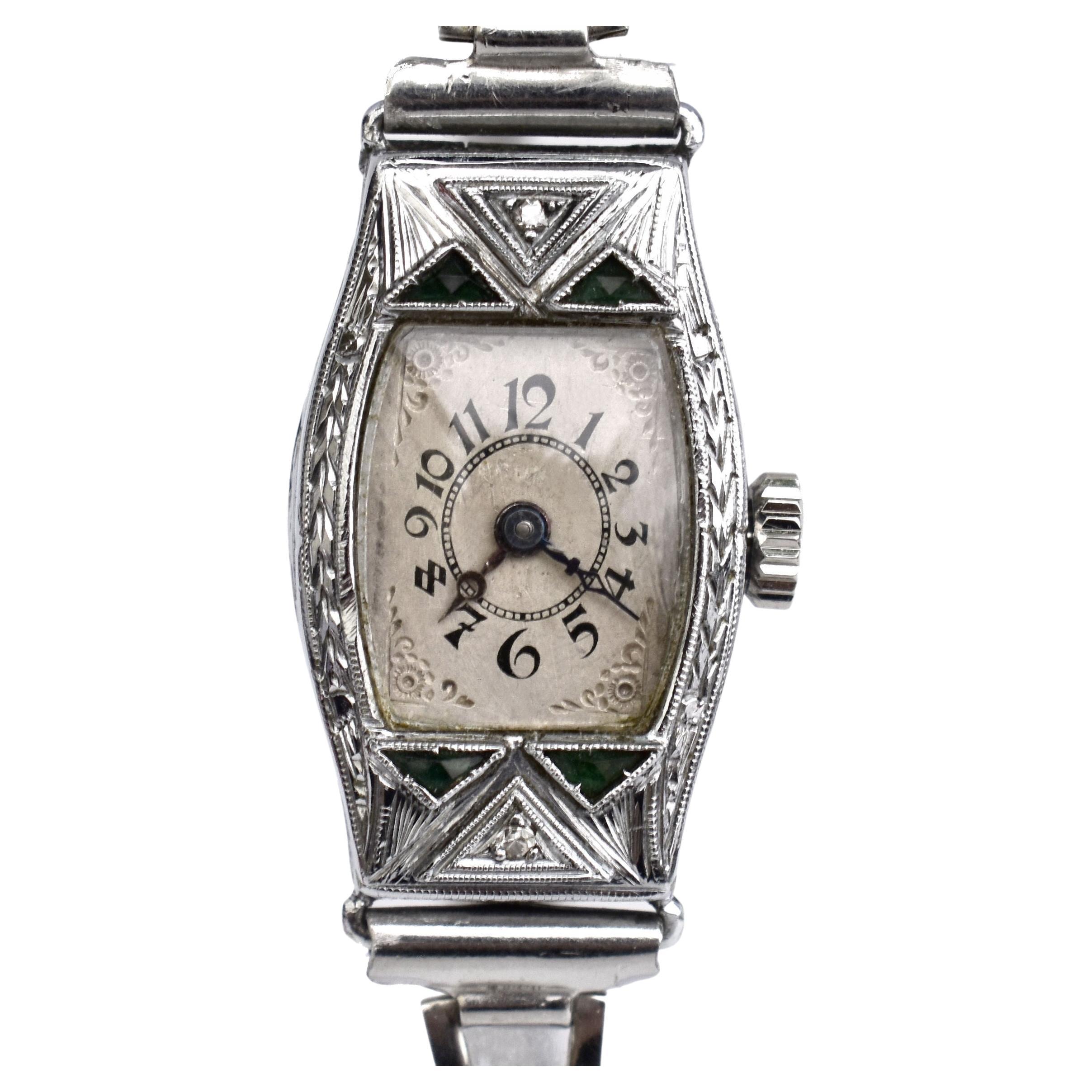 Art Deco Ladies White Gold Filled Manual Watch with Emeralds, Serviced, C1928 For Sale