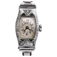 Vintage Art Deco Ladies White Gold Filled Manual Watch with Emeralds, Serviced, C1928