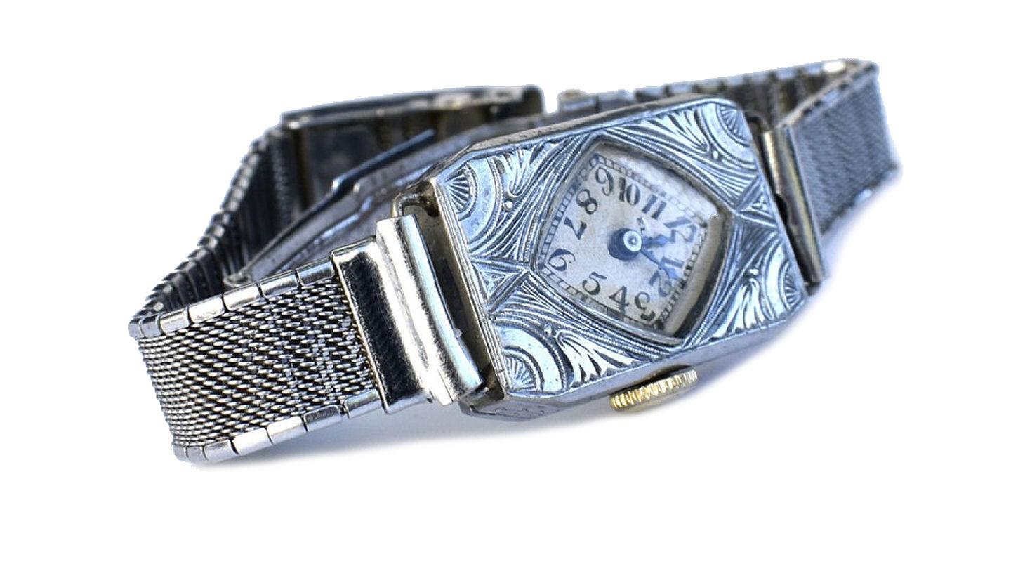 Wonderfully styled Art Deco ladies watch originating from the 1930's and made by the American watchmakers Elgin. Swiss manual wind up movement, a fine classic calibre movement running well on 15 jewels having been recently serviced. Decorated with