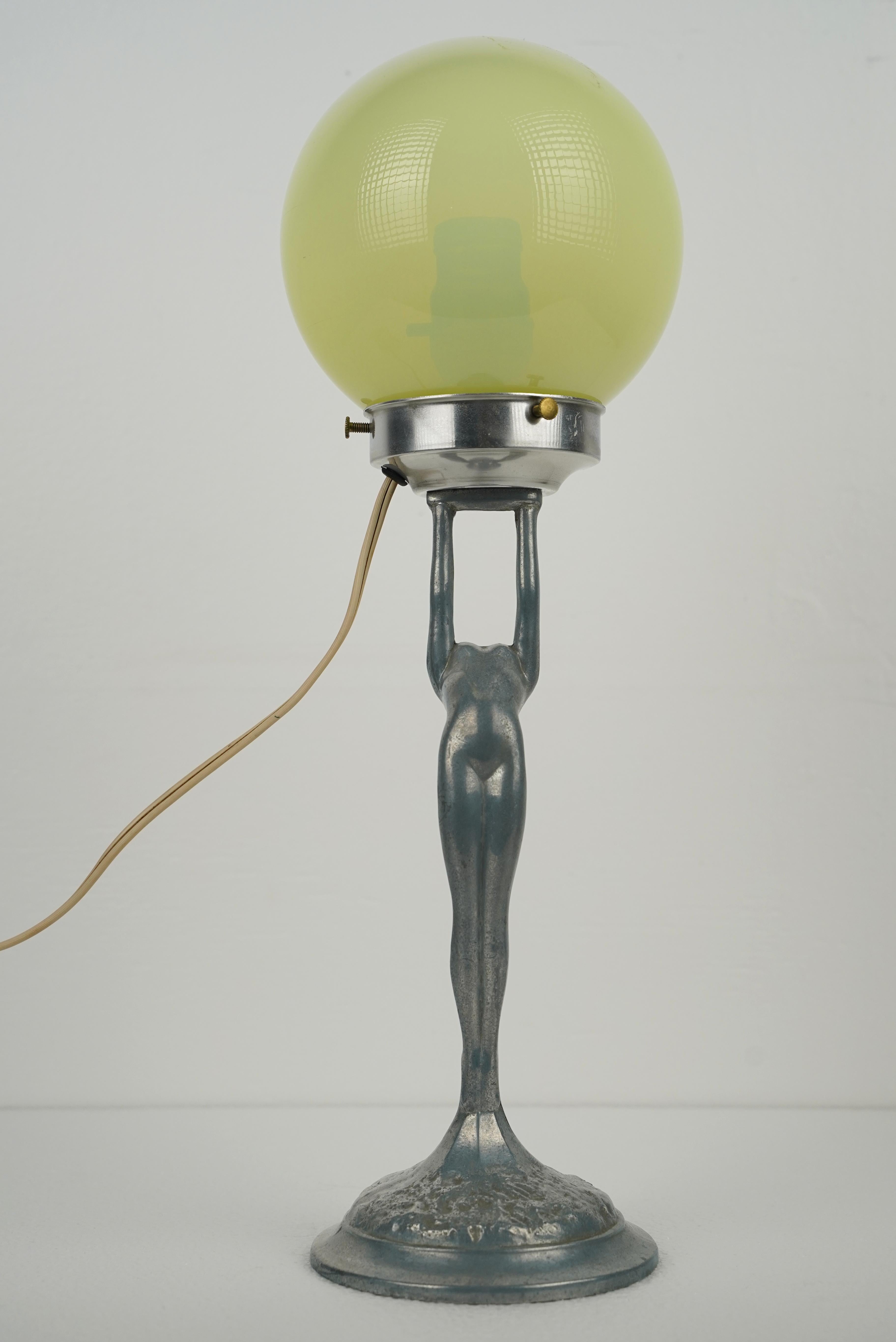 20th Century Art Deco Lady Cast Aluminum Uranium Glass Table Lamp For Sale