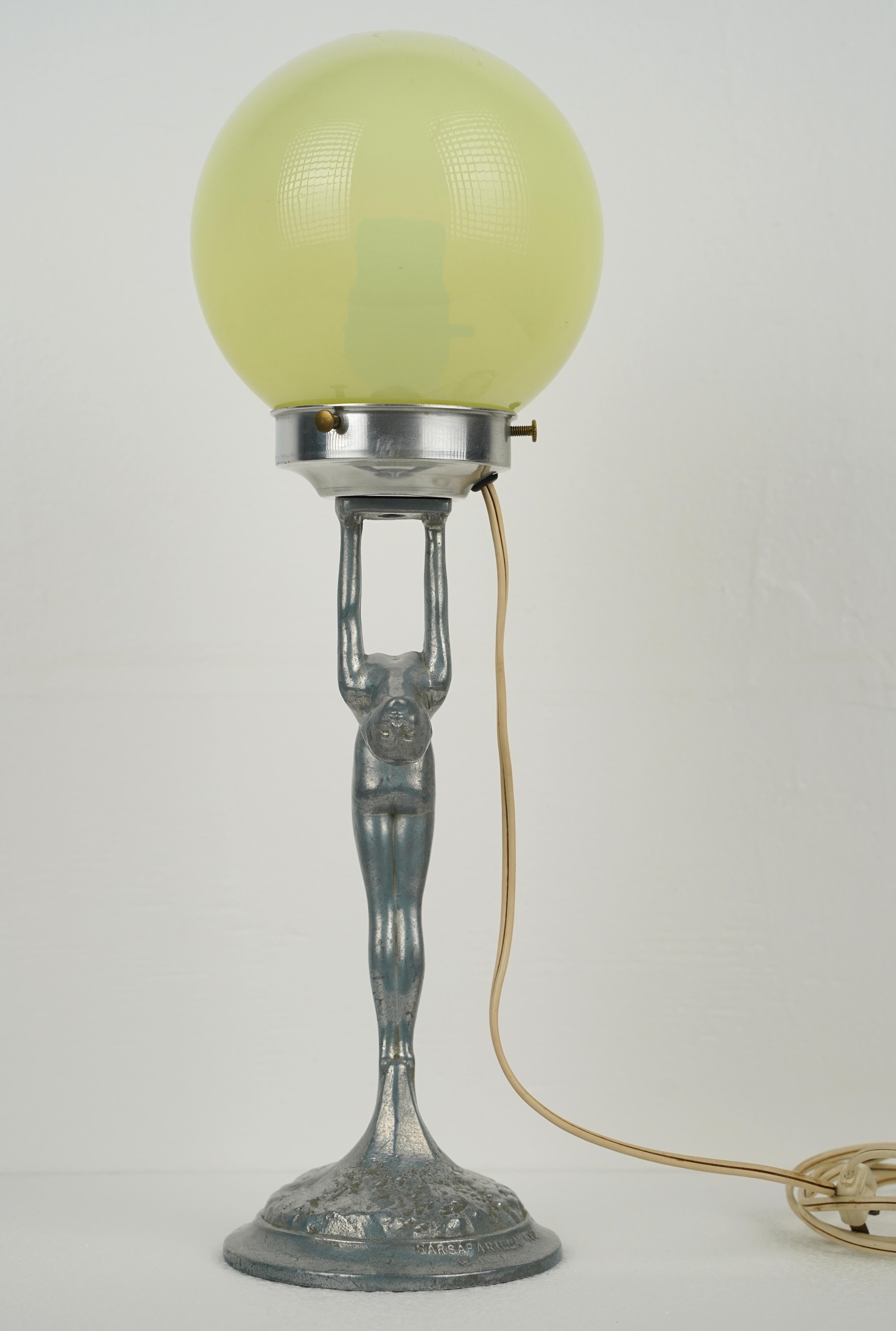 Art Deco Lady Cast Aluminum Uranium Glass Table Lamp For Sale 1
