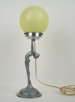 Art Deco Lady Cast Aluminum Uranium Glass Table Lamp
