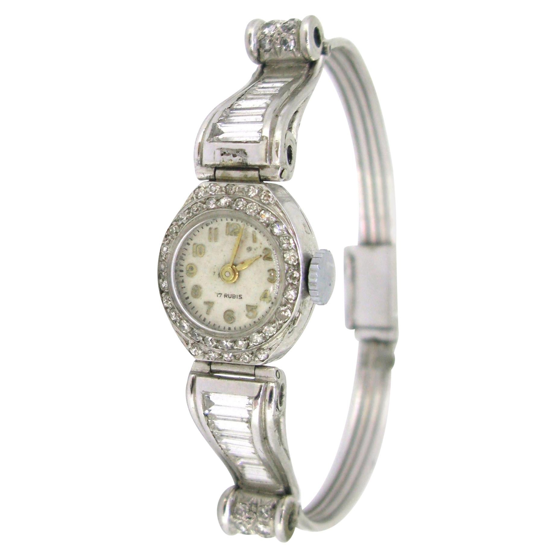 Art Deco Lady Diamond Manual Wind Wristwatch, 18kt Wt Gold & Plat, France, c1935