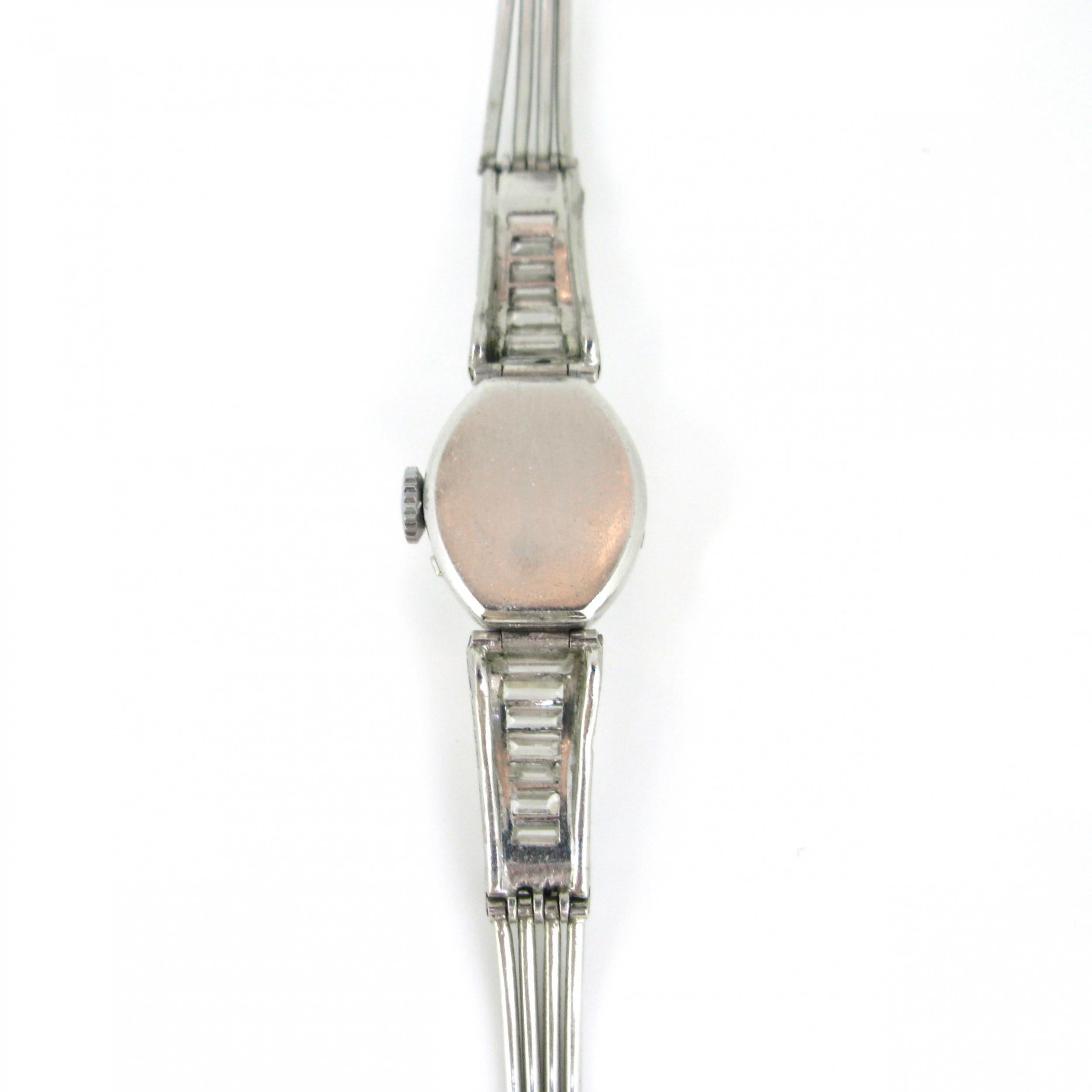 Women's Art Deco Lady Diamond Manual Wind Wristwatch, 18kt Wt Gold & Plat, France, c1935 For Sale