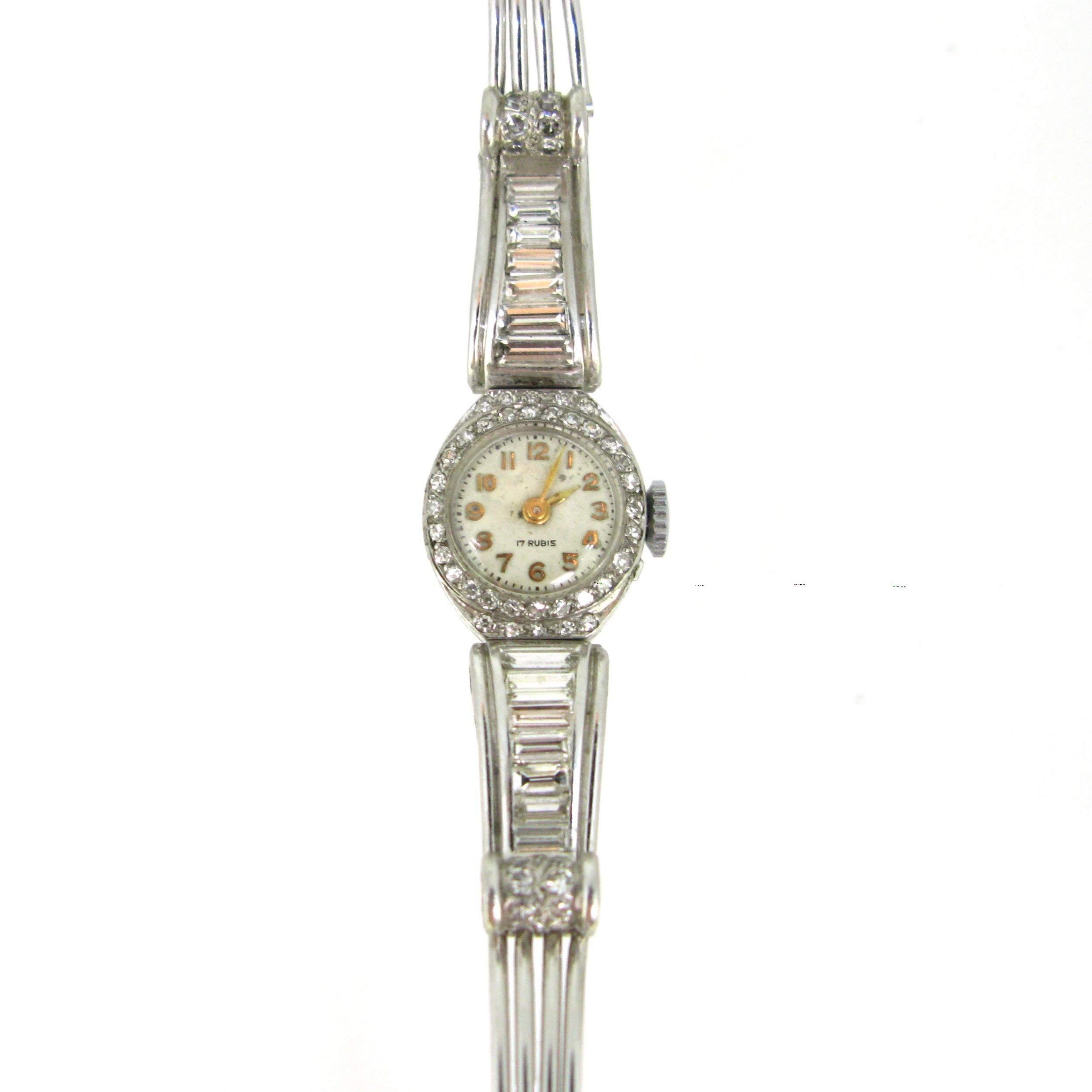 Art Deco Lady Diamond Manual Wind Wristwatch, 18kt Wt Gold & Plat, France, c1935 For Sale 1