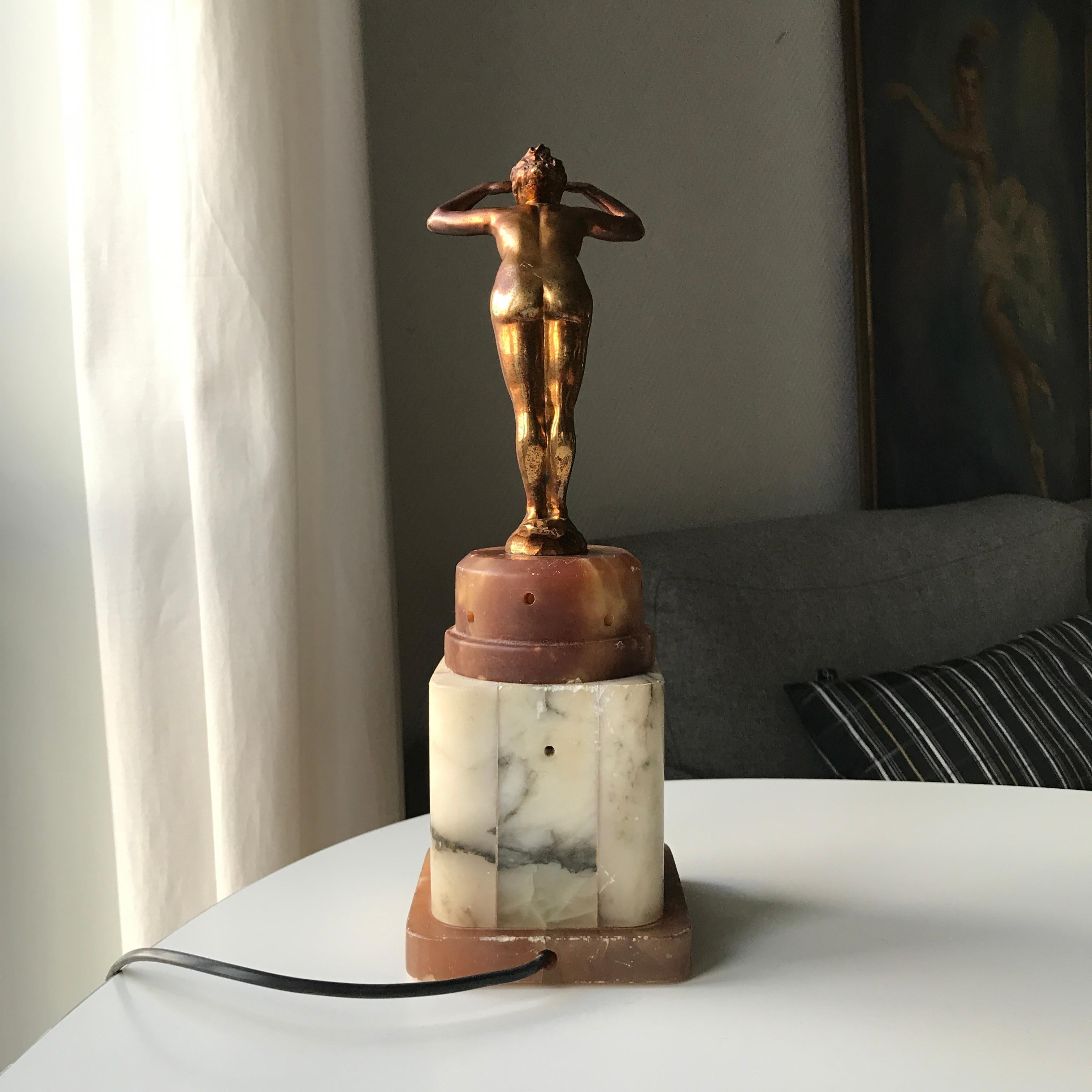Gilt Art Deco Lady Figurine Table Lamp For Sale