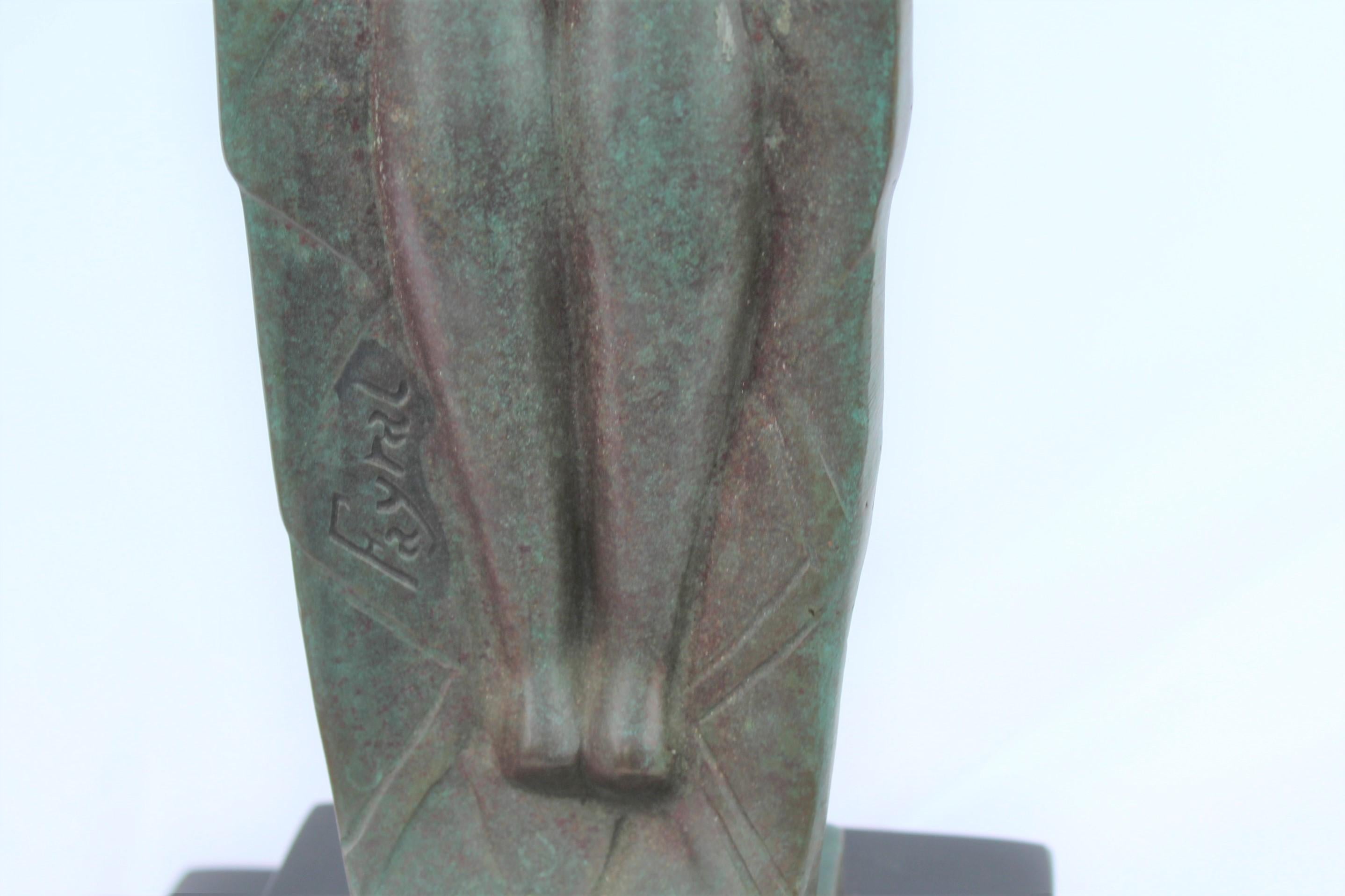 North American Art Deco Lady Lamp, Bronze with Green after Fayral, Title Verite Marble Base