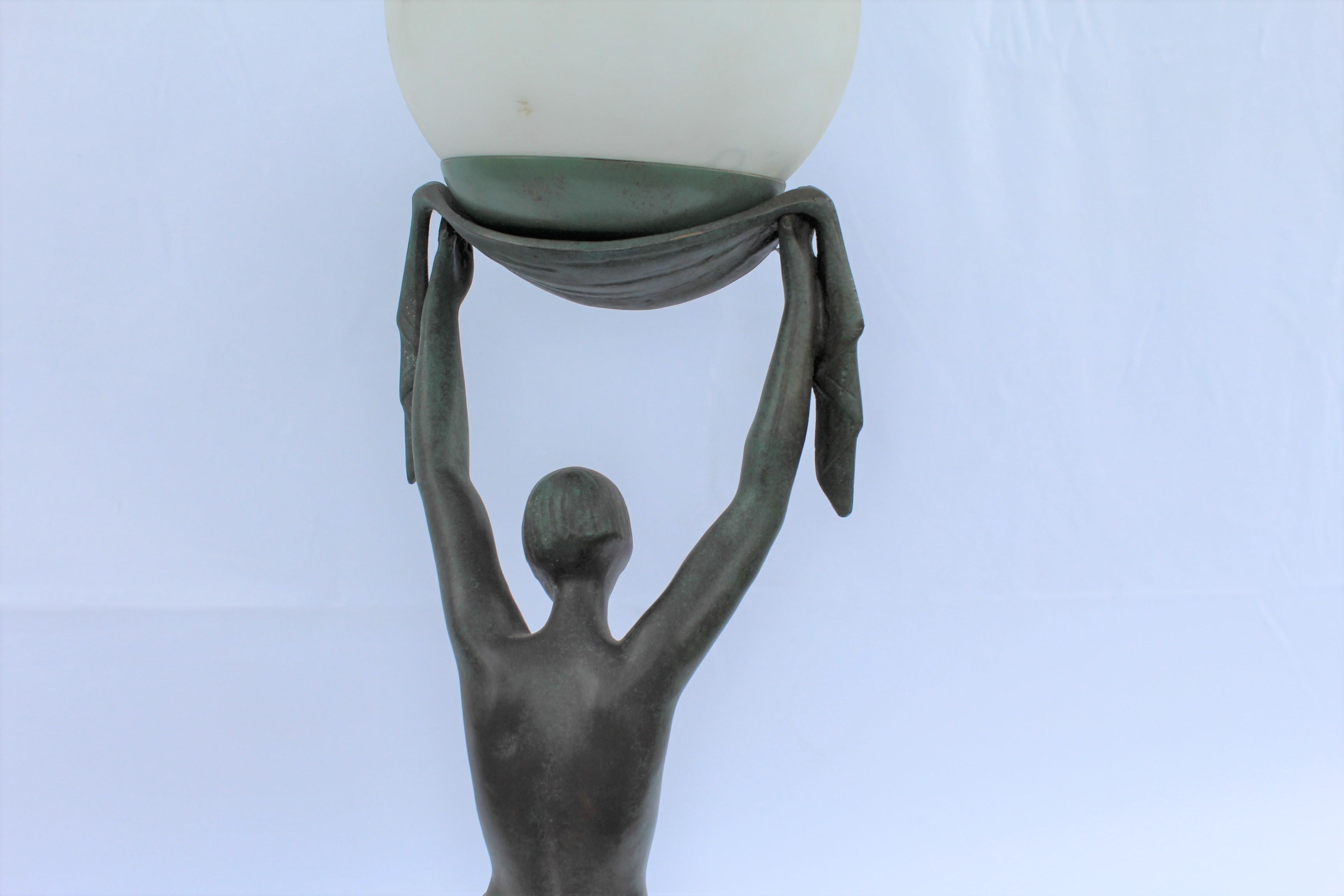 Cast Art Deco Lady Lamp, Bronze with Green after Fayral, Title Verite Marble Base