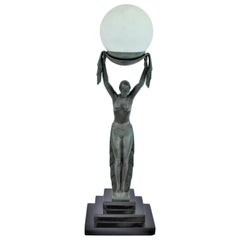 Art Deco Lady Lamp, Bronze with Green after Fayral, Title Verite Marble Base