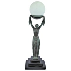 Retro Art Deco Lady Lamp, Bronze with Green after Fayral, Title Verite Marble Base