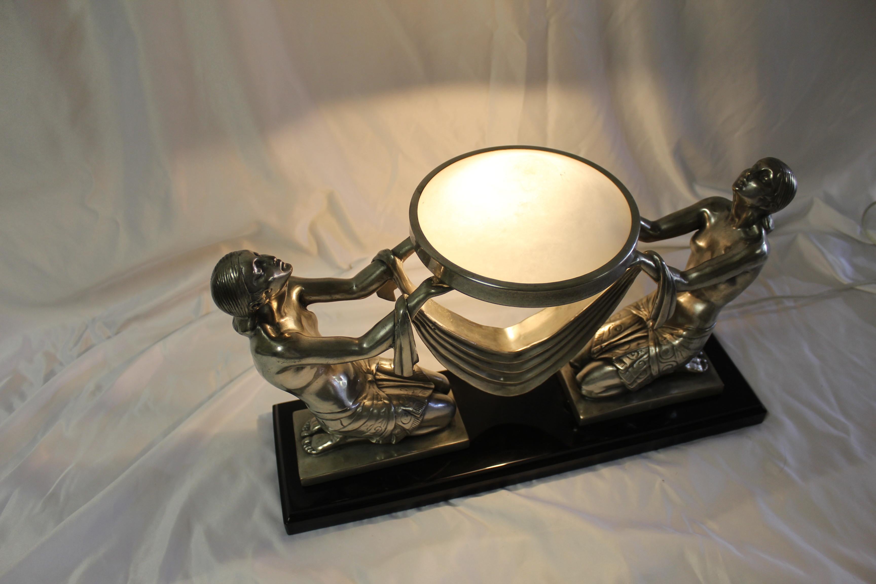Art Deco Lady Lamp, Silvered Bronze, Alabaster Shade In Good Condition For Sale In Los Angeles, CA