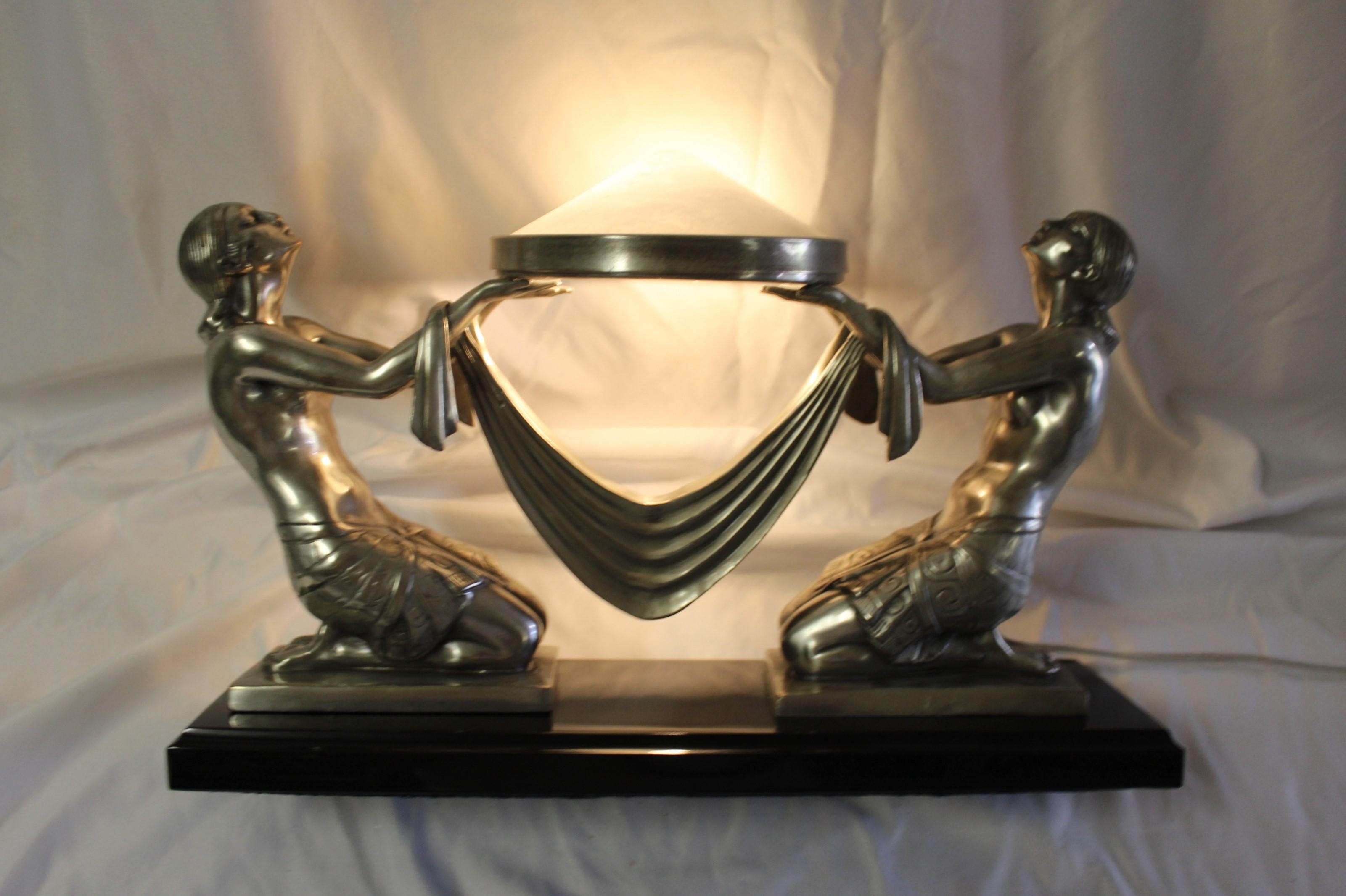 Contemporary Art Deco Lady Lamp, Silvered Bronze, Alabaster Shade For Sale