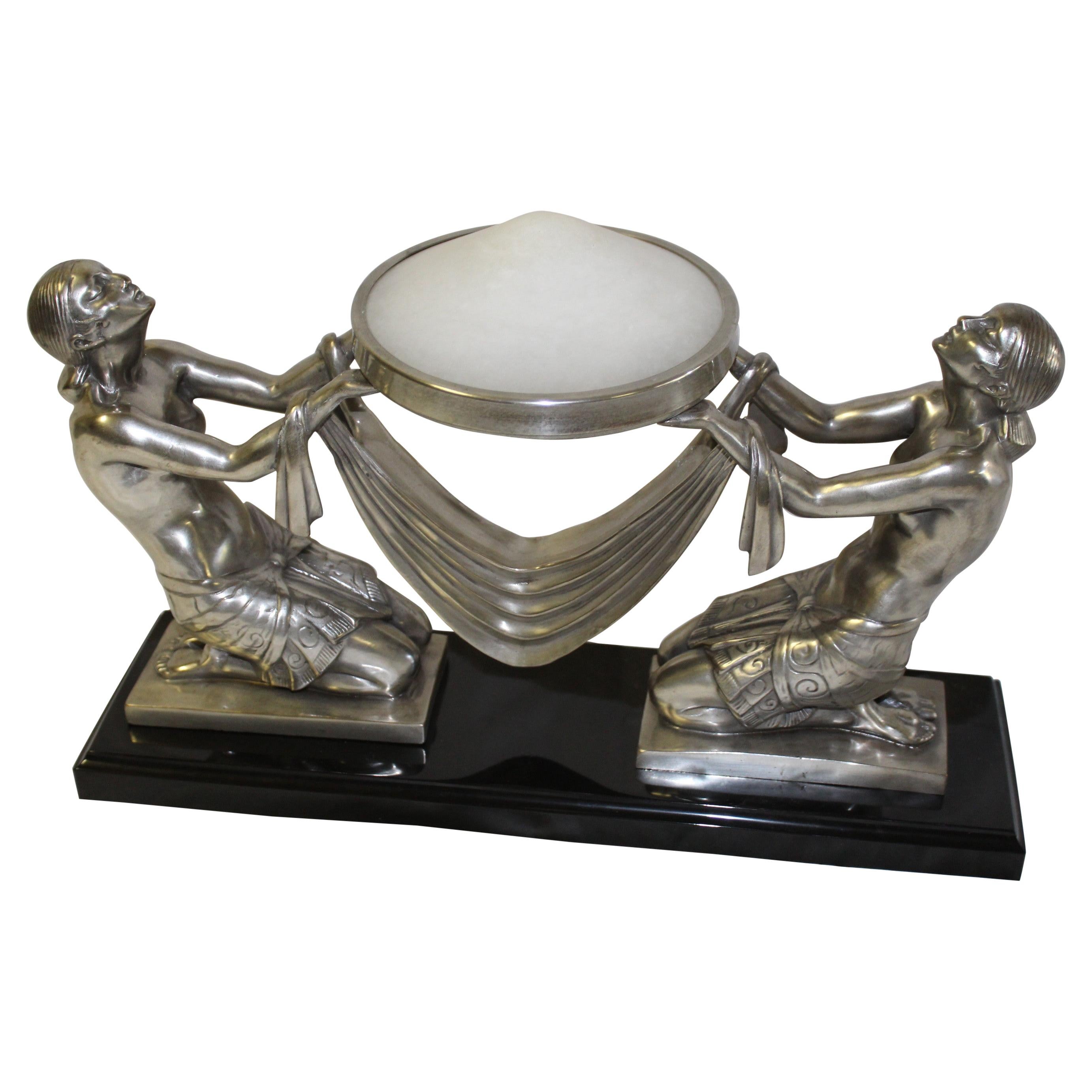 Art Deco Lady Lamp Silvered Bronze Alabaster Shade