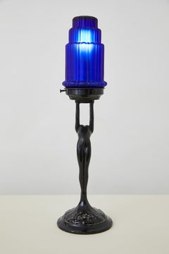 Art-Déco-Damenlampe mit blauem Glasschirm von Sarsaparilla nach Frankart, Art déco