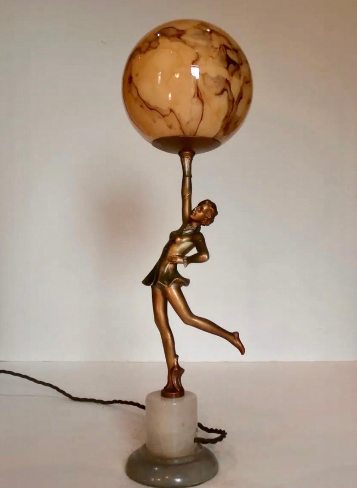 Stunning Fine Art Deco Lady Lamp With Marbled Globe Standing On A Alabaster Circular Base
Circa 1930

20ins x 6ins x 6ins