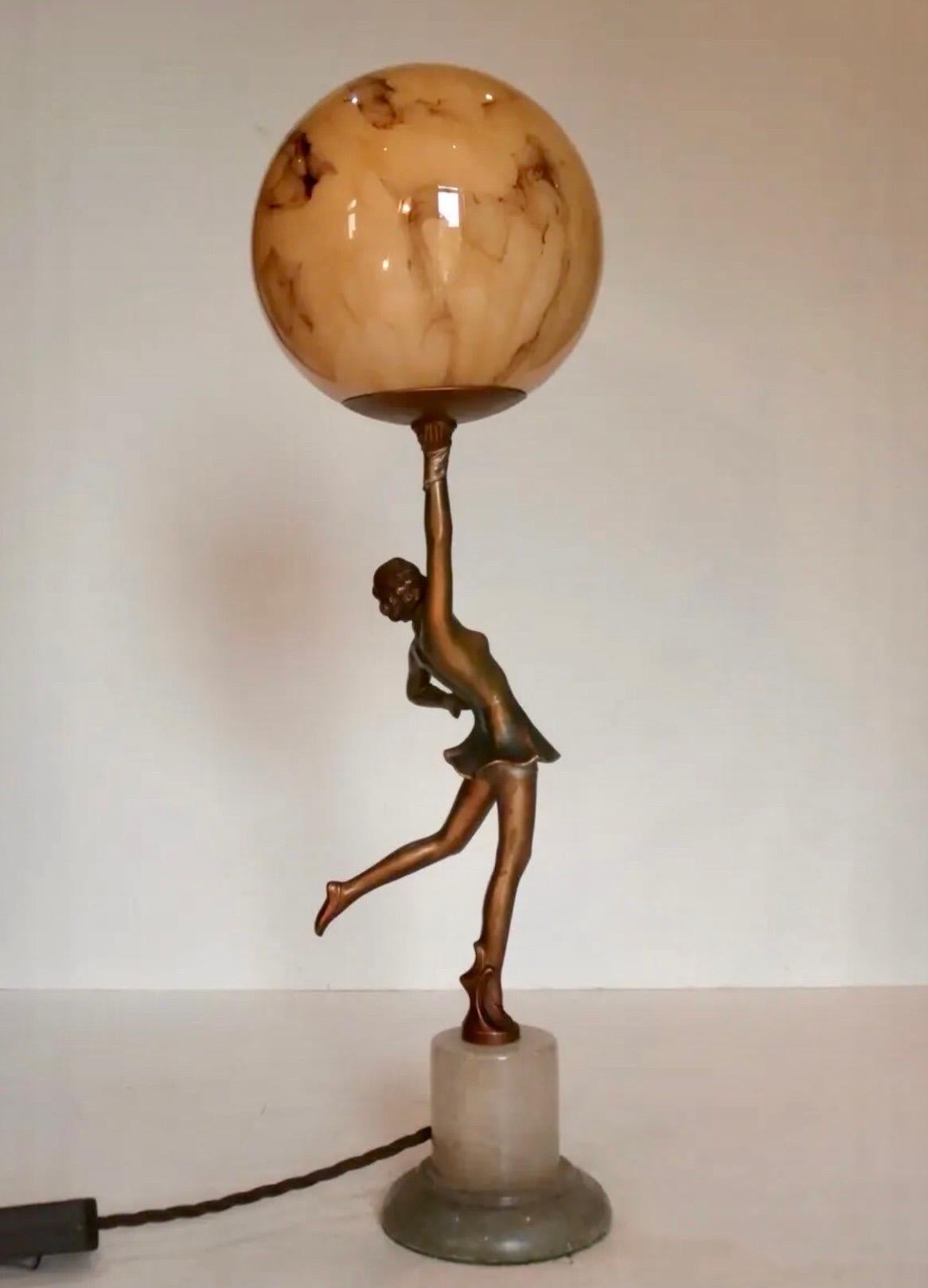 French Art Deco Lady Lamp With Marbled Globe
