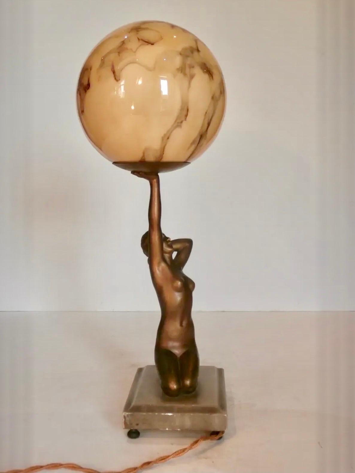 French Art Deco Lady Lamp with Marbled Globe