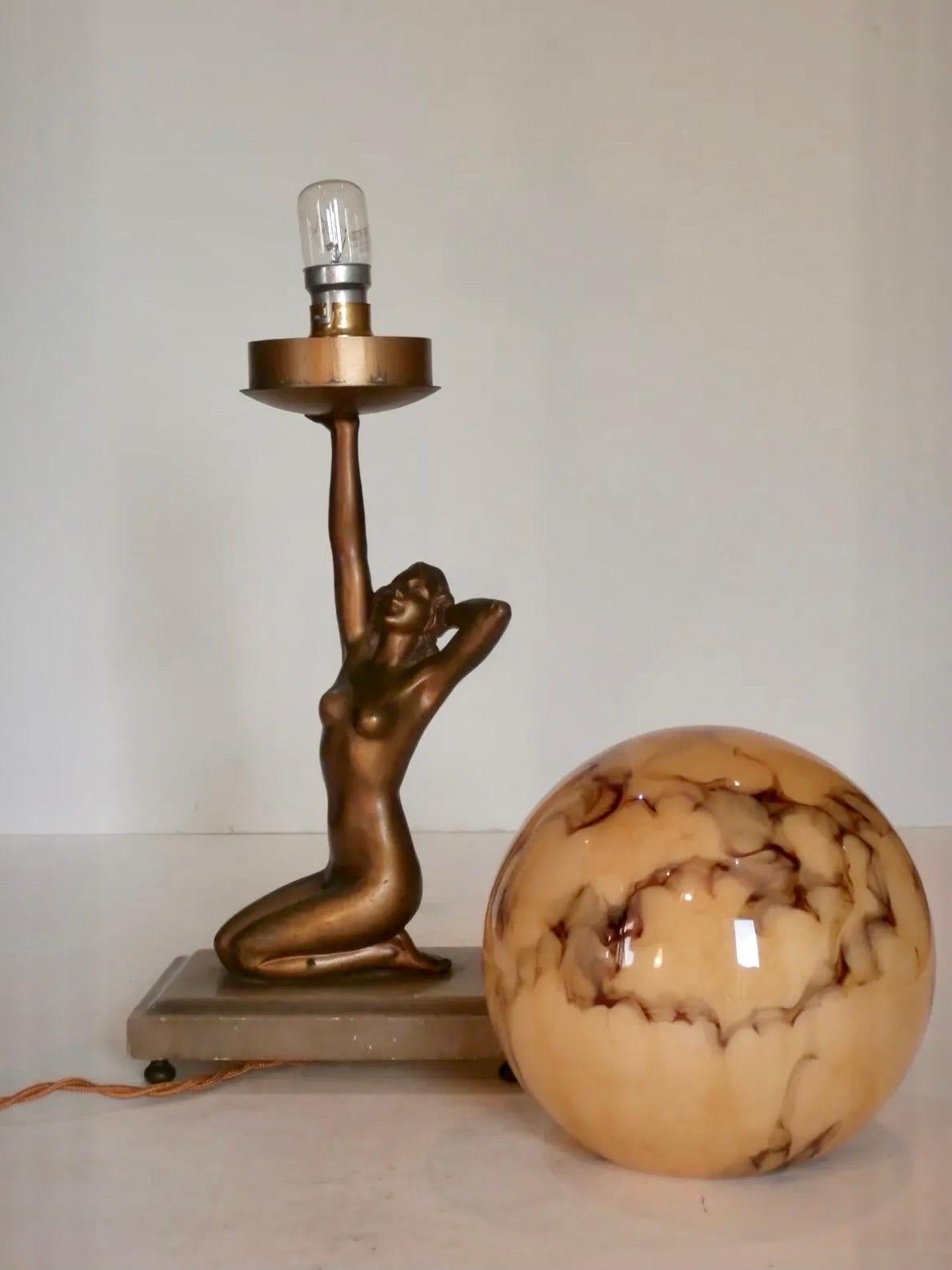 Art Deco Lady Lamp with Marbled Globe 1