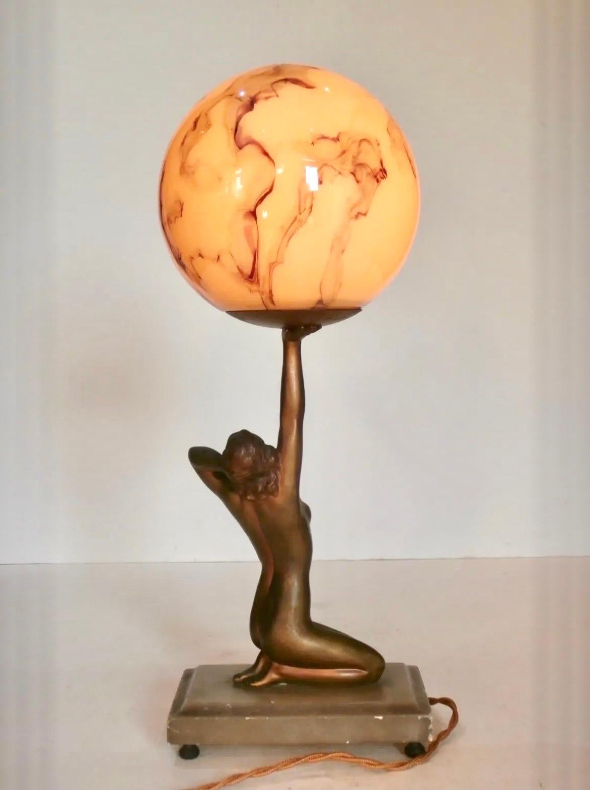 Art Deco Lady Lamp with Marbled Globe 2
