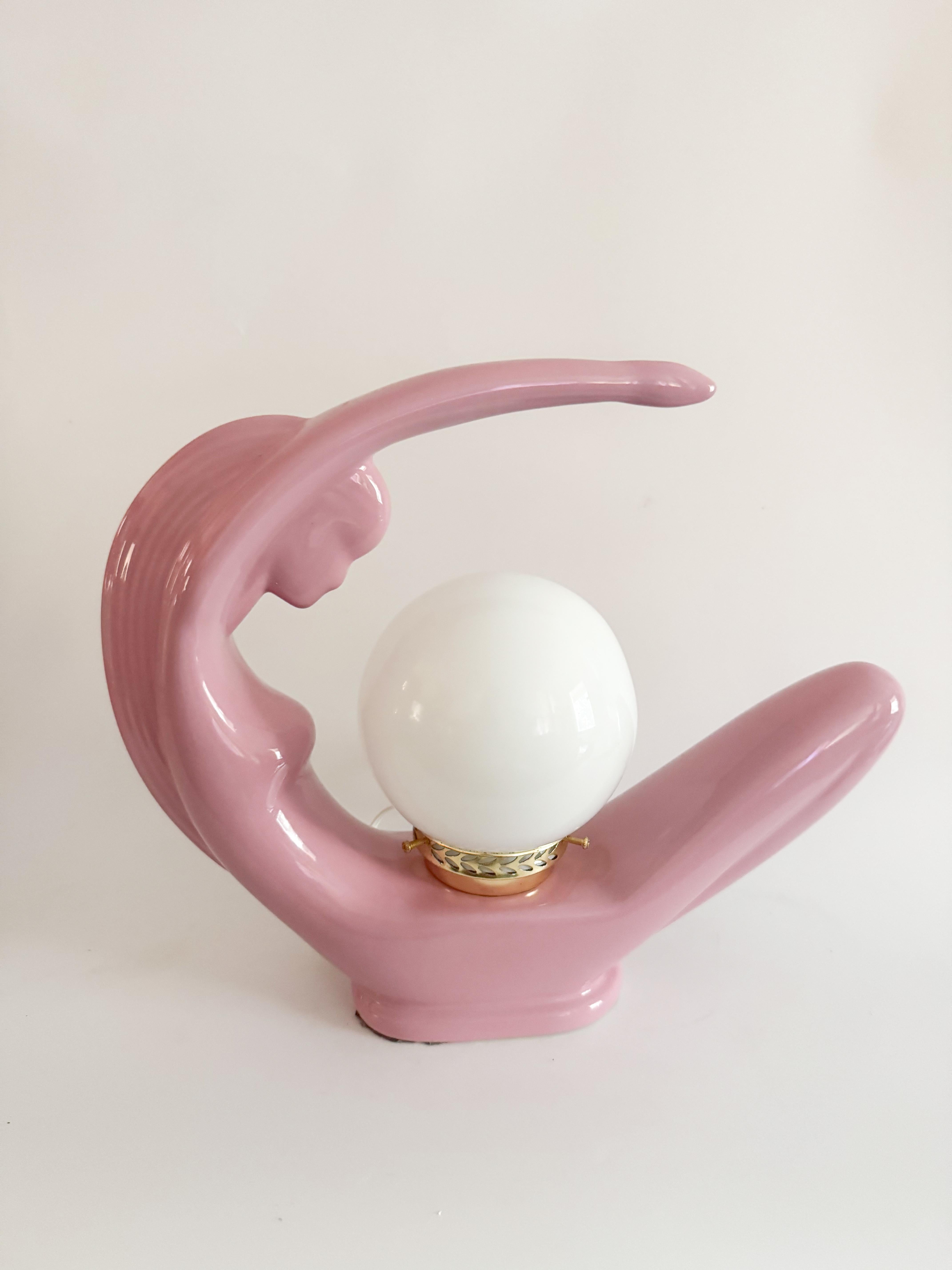Lámparas Art Decó Lady - Pareja de cerámica rosa - Iluminación escultórica de los años 80 Glaseado