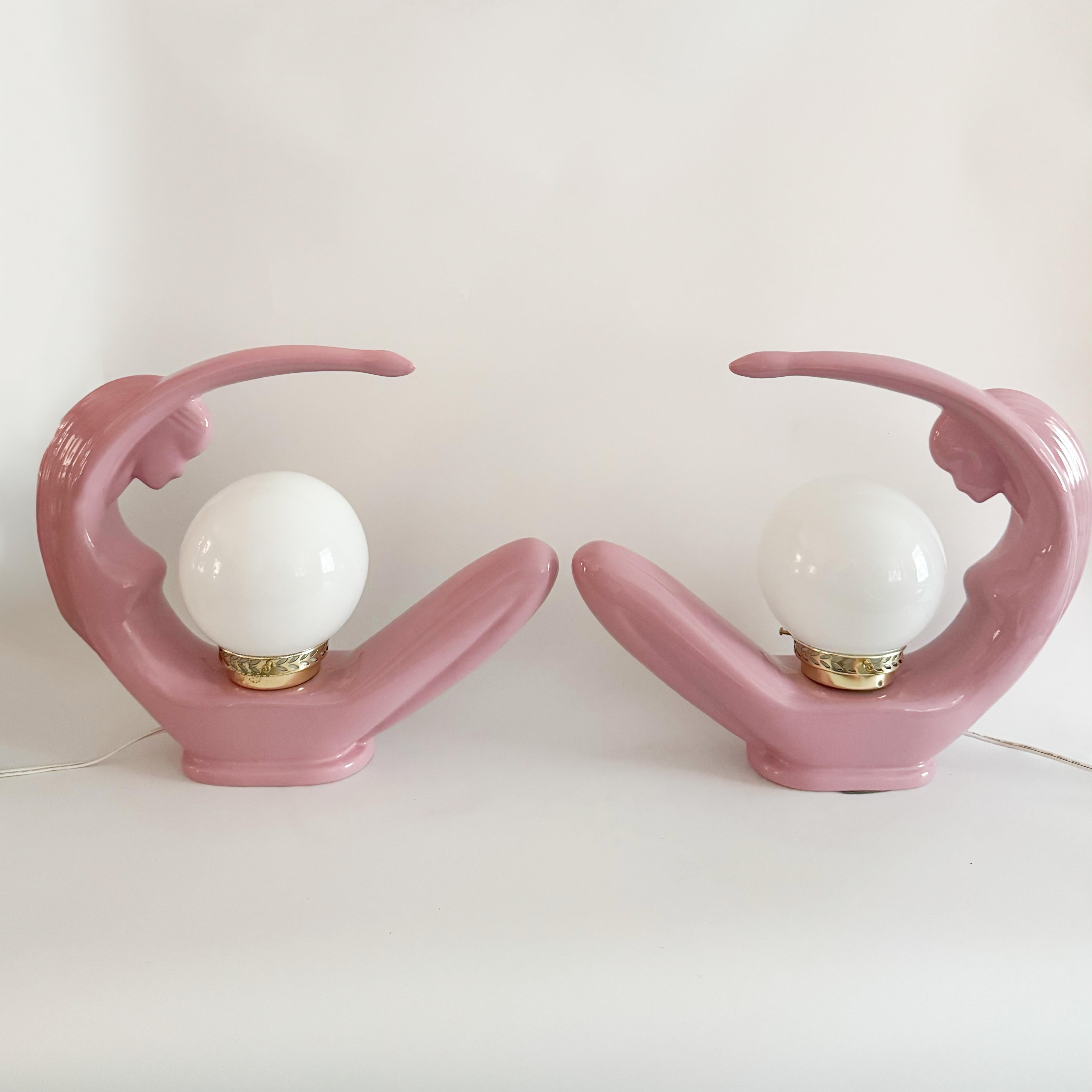 Lámparas Art Decó Lady - Pareja de cerámica rosa - Iluminación escultórica de los años 80 Cerámico