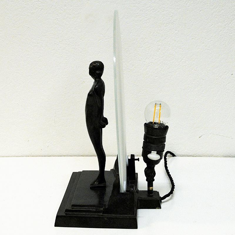 Patinated Art Deco Lady Table Lamp with Frosted Glass by Zenith, Germany, 1930s-1940s
