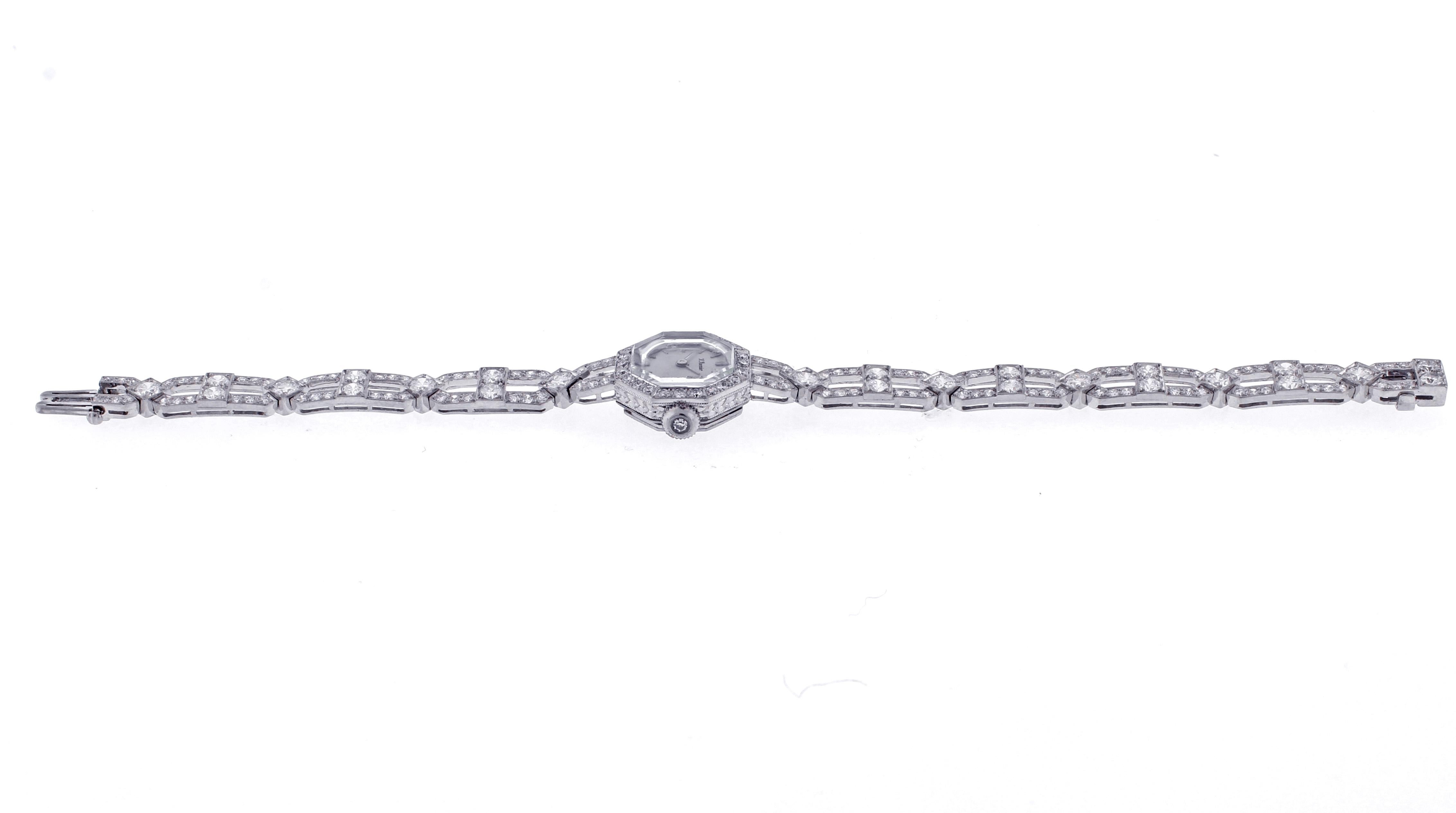 Art Deco Ladies Platinum and Diamond Octagonal Bracelet Watch In Good Condition In Bethesda, MD