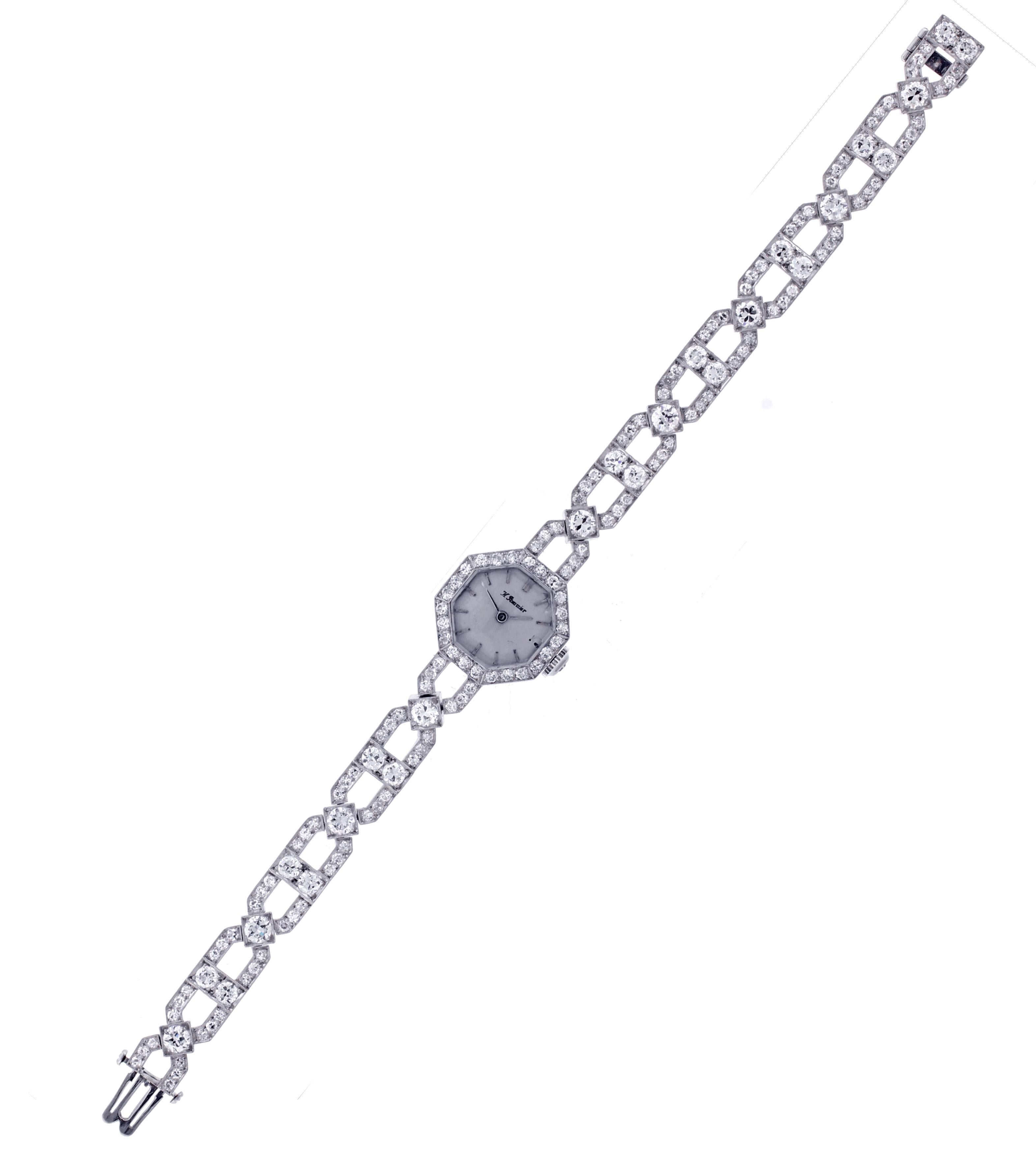 Art Deco Ladies Platinum and Diamond Octagonal Bracelet Watch 1