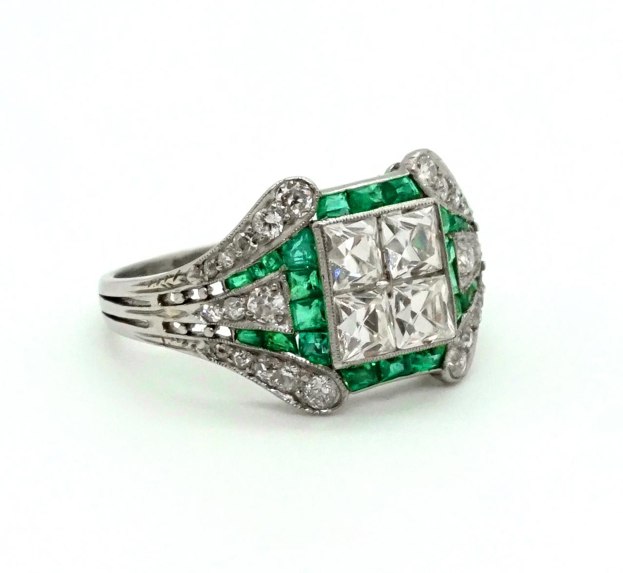 Art Deco Ladies Ring 950 Platinum Diamonds and Emeralds 1.90 Carat ...