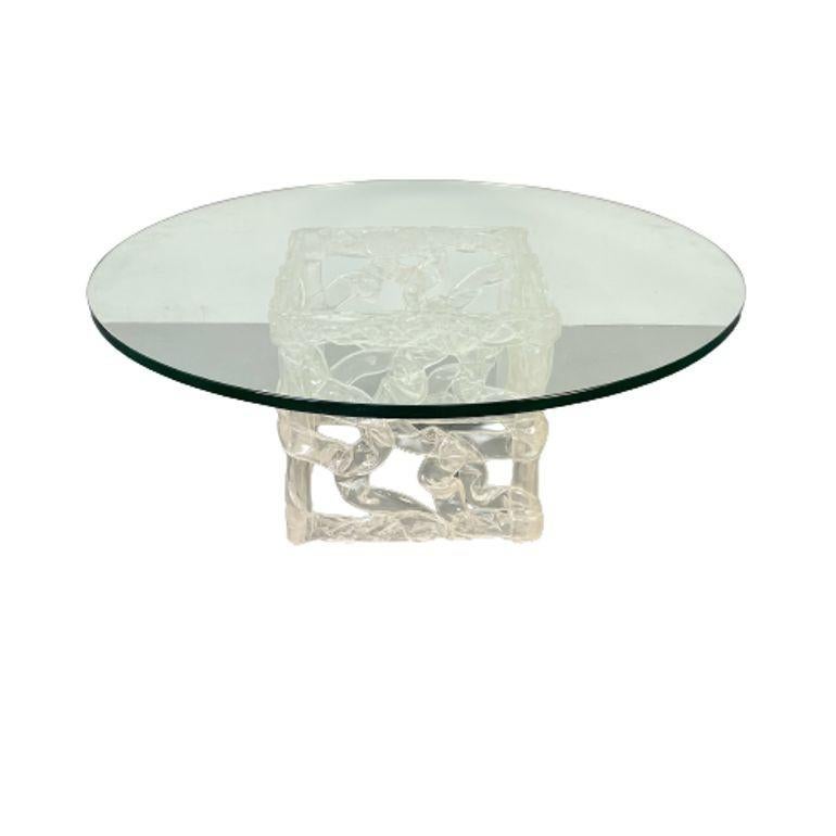  
Art Deco Lalique Style Glass Top Coffee or End Table, Contemporary
 
A square Lucite base designed with thick heavy scrolls supporting a large thick circular glass top. Any glass top can conform this stunning deco base into a different shape or