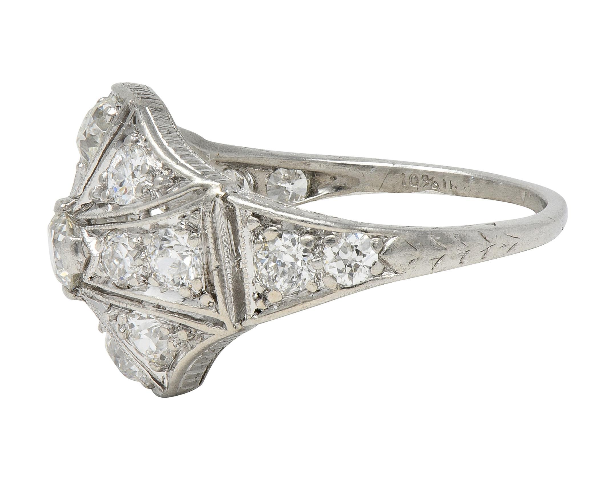 Art Deco Lambert Brothers European Diamond Platinum Vintage Bombé Dinner Ring In Excellent Condition For Sale In Philadelphia, PA