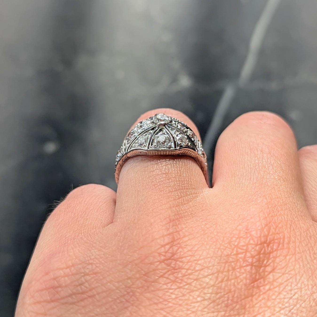Art Deco Lambert Brothers European Diamond Platinum Vintage Bombé Dinner Ring For Sale 4