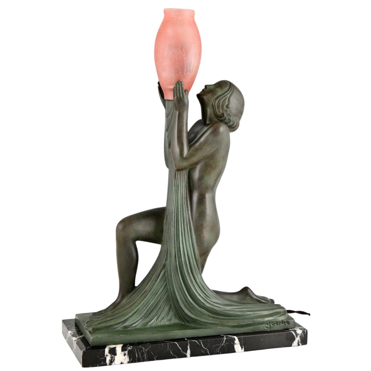 French Art Deco lamp ADORATION nude with vase by Raymonde Guerbe & Max le Verrier For Sale