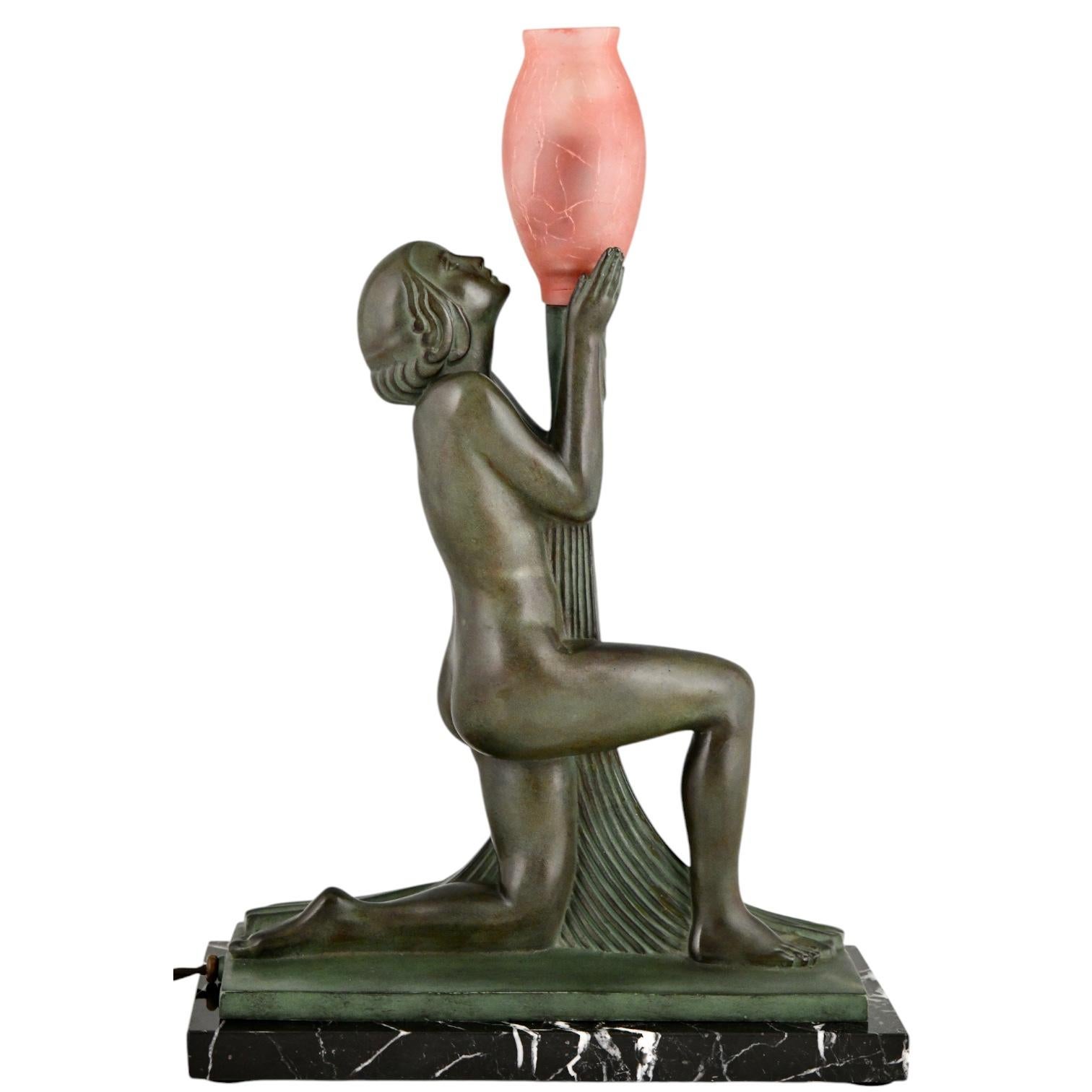 Mid-20th Century Art Deco lamp ADORATION nude with vase by Raymonde Guerbe & Max le Verrier For Sale