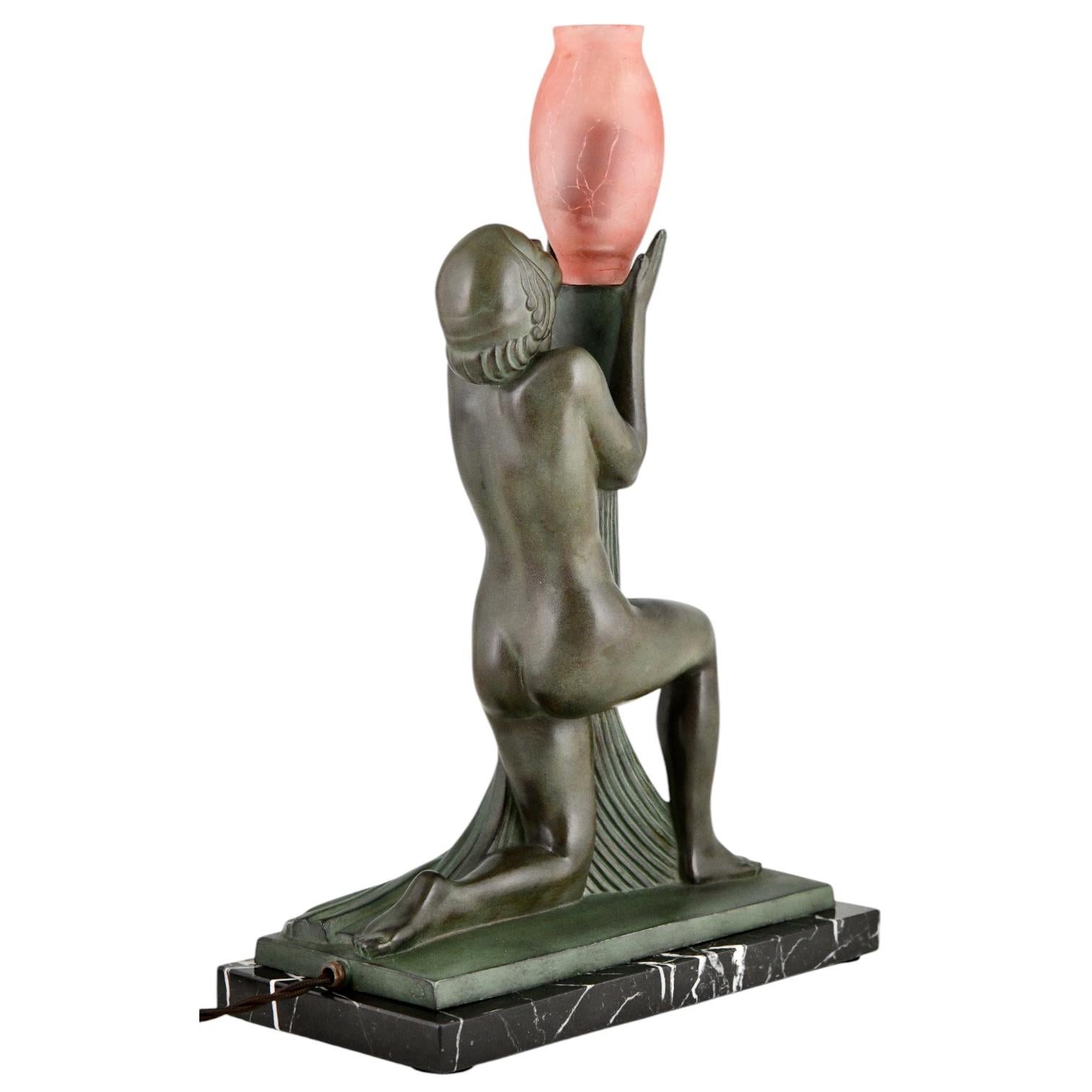 Metal Art Deco lamp ADORATION nude with vase by Raymonde Guerbe & Max le Verrier For Sale
