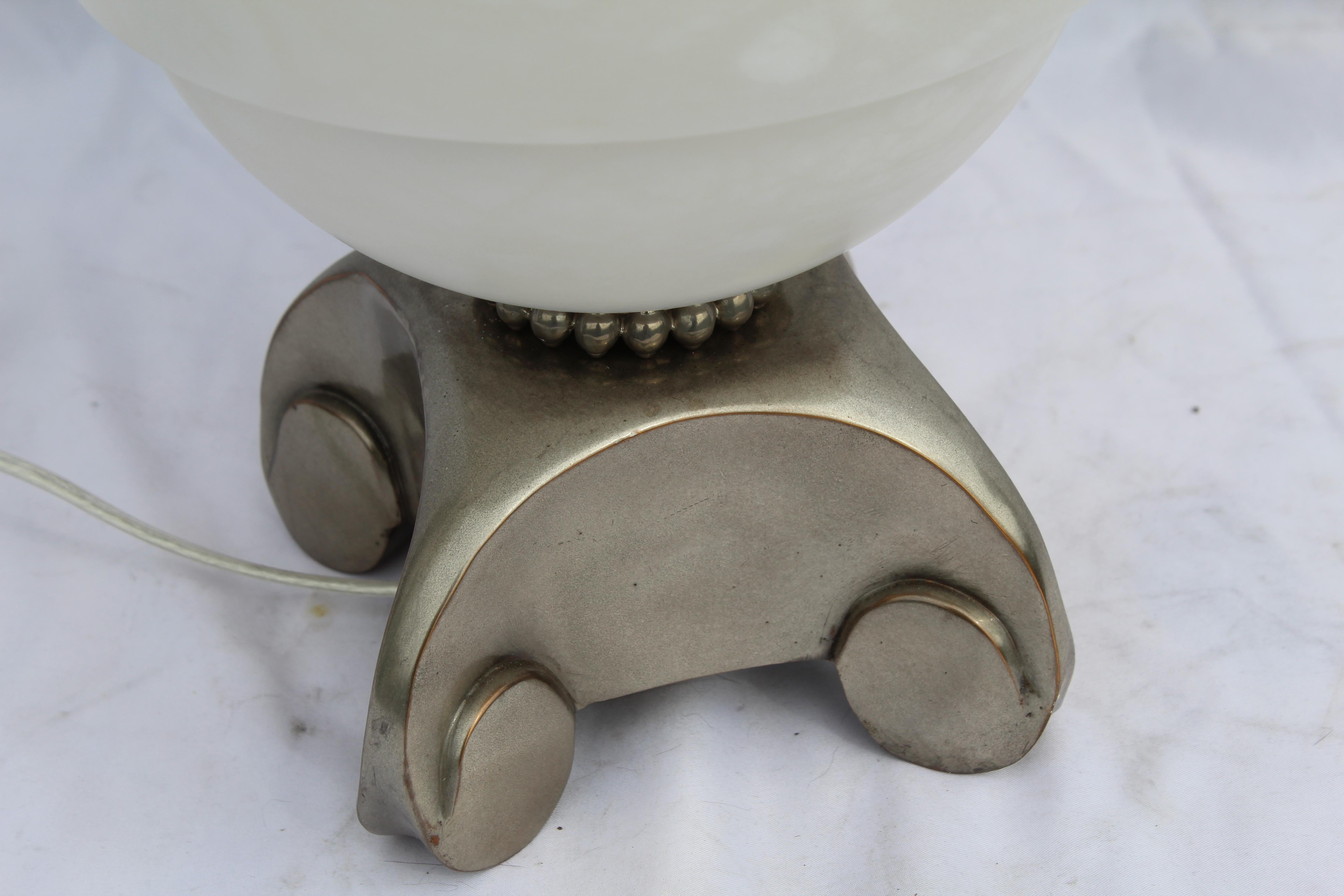 North American Art Deco Lamp, Alabaster, Silvered Bronze Base after Ruhlmann