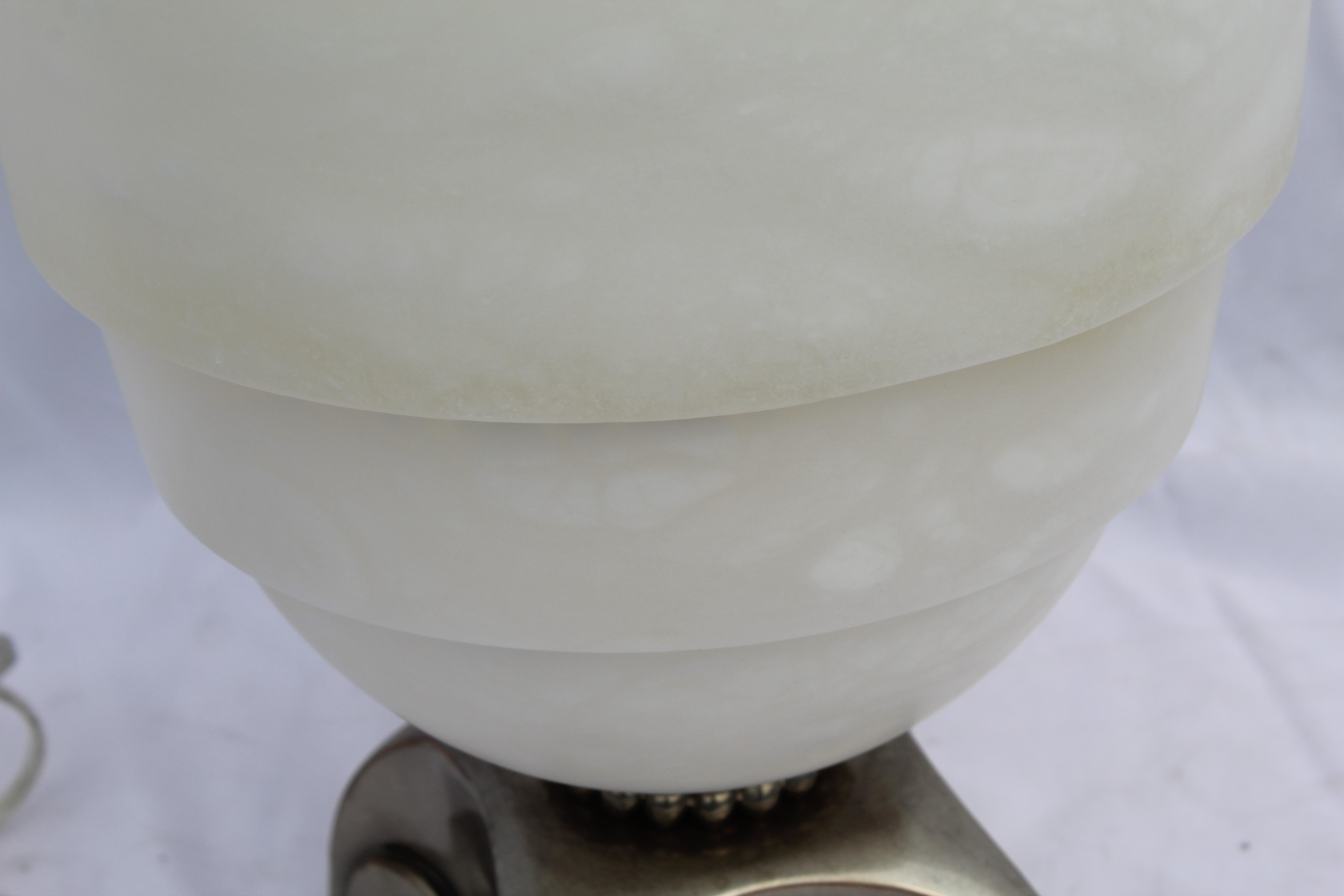 Art Deco Lamp, Alabaster, Silvered Bronze Base after Ruhlmann In Good Condition For Sale In Los Angeles, CA