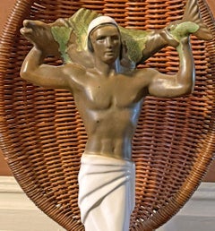 Art Deco Lamp Base, South Seas Half-Nude Male with Fish