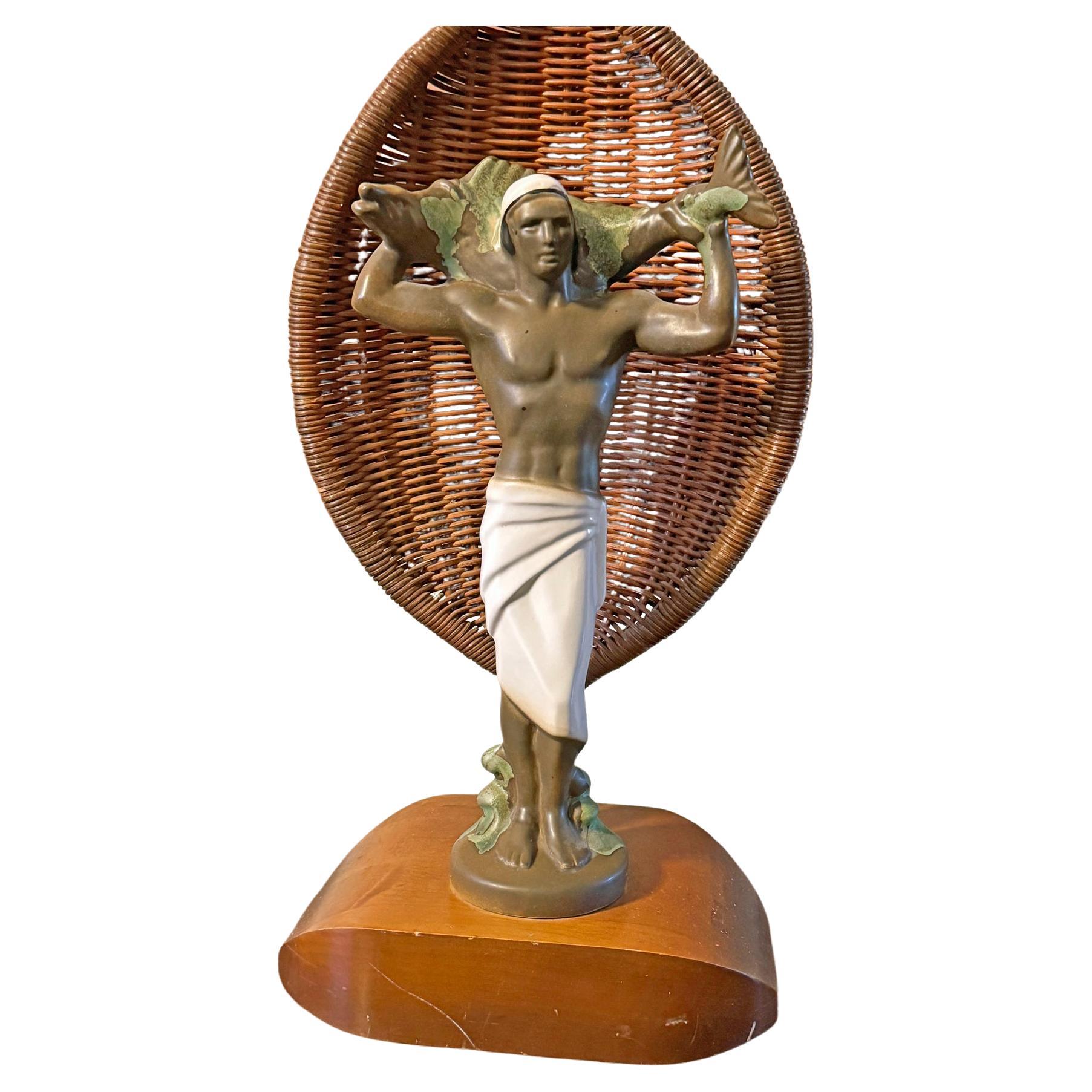 Art Deco Lamp Base, South Seas Half-Nude Male with Fish
