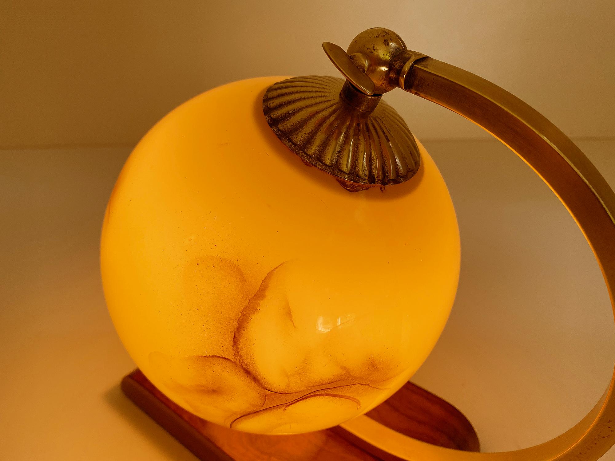  Art Deco Bauhaus Table Lamp, 1930s, Glass Brass Wood For Sale 5
