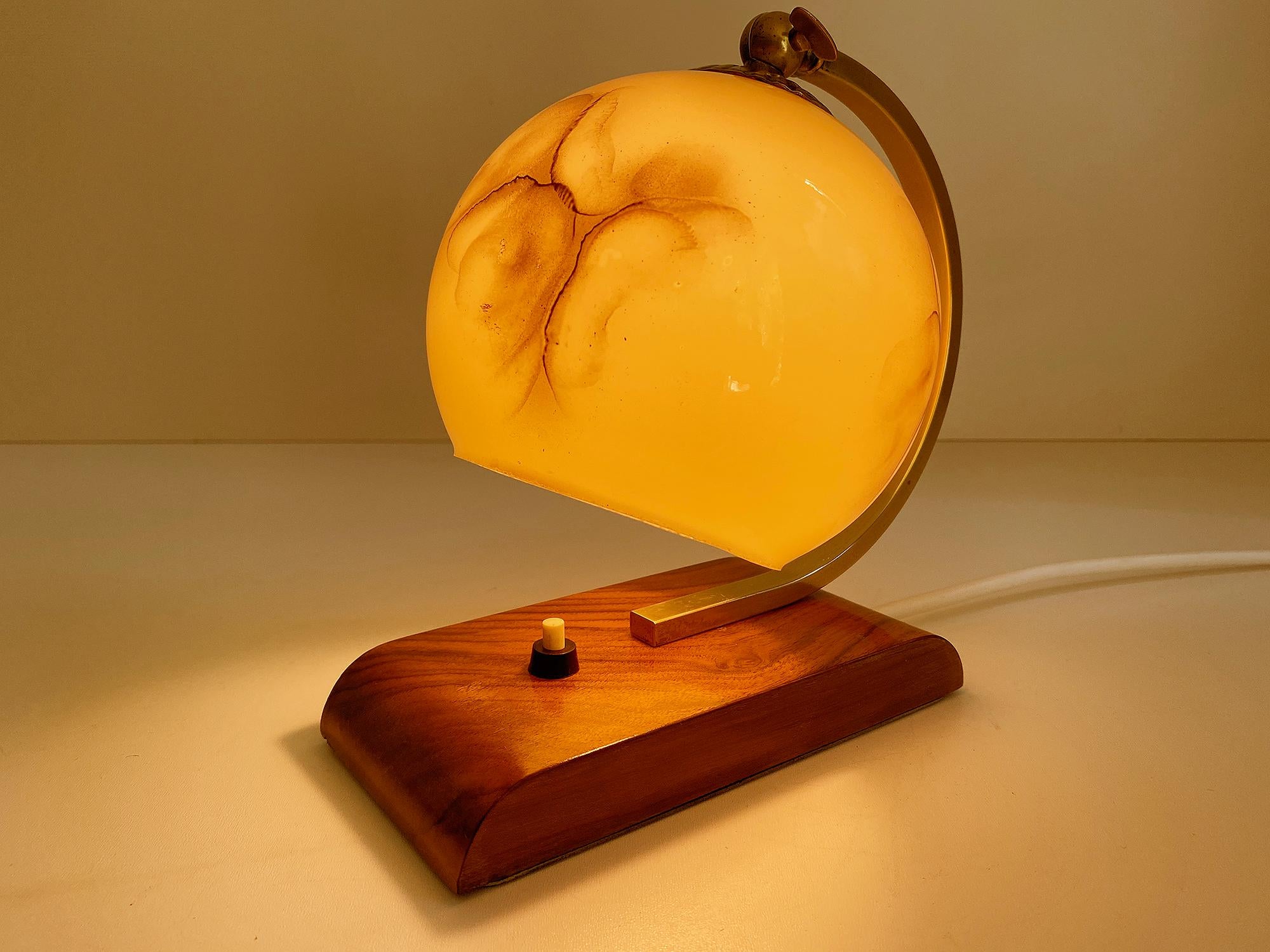  Art Deco Bauhaus Table Lamp, 1930s, Glass Brass Wood In Good Condition For Sale In Bremen, DE