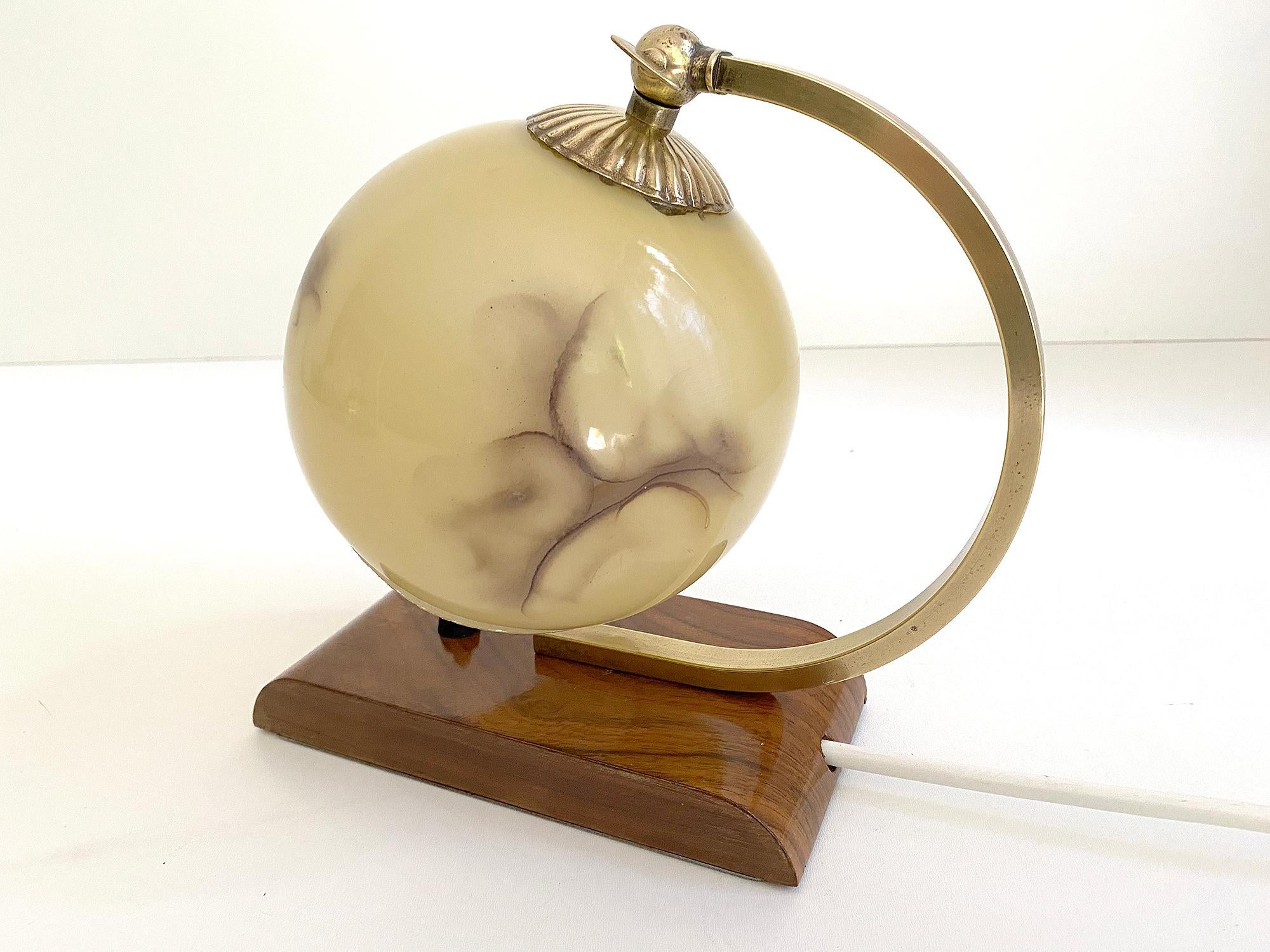  Art Deco Bauhaus Table Lamp, 1930s, Glass Brass Wood For Sale 2