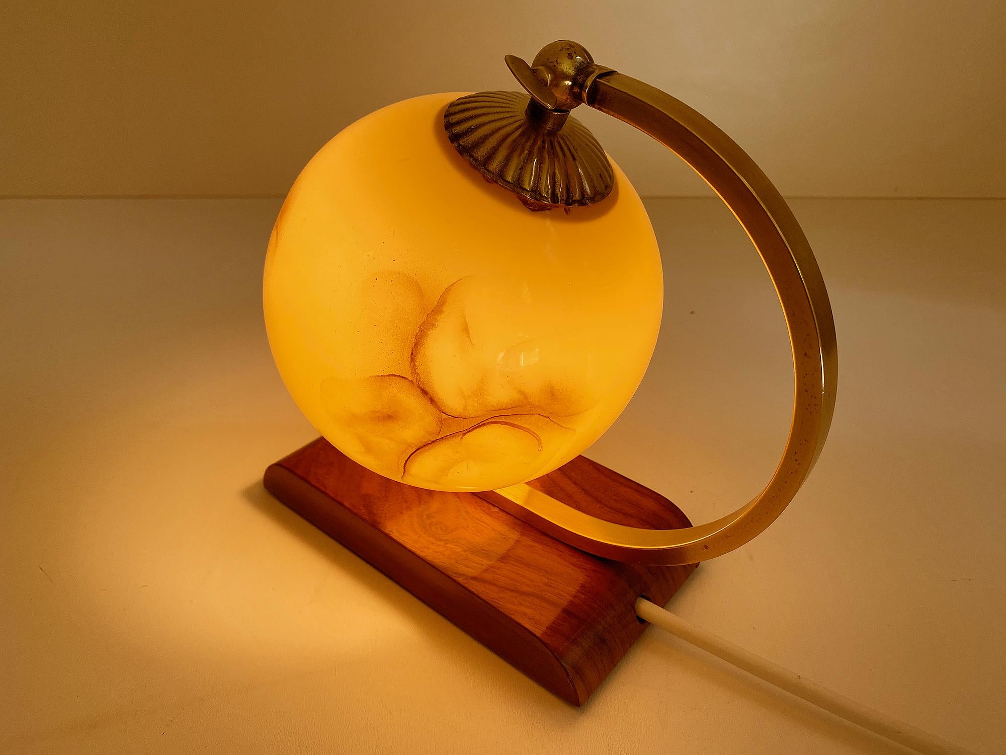  Art Deco Bauhaus Table Lamp, 1930s, Glass Brass Wood For Sale 3