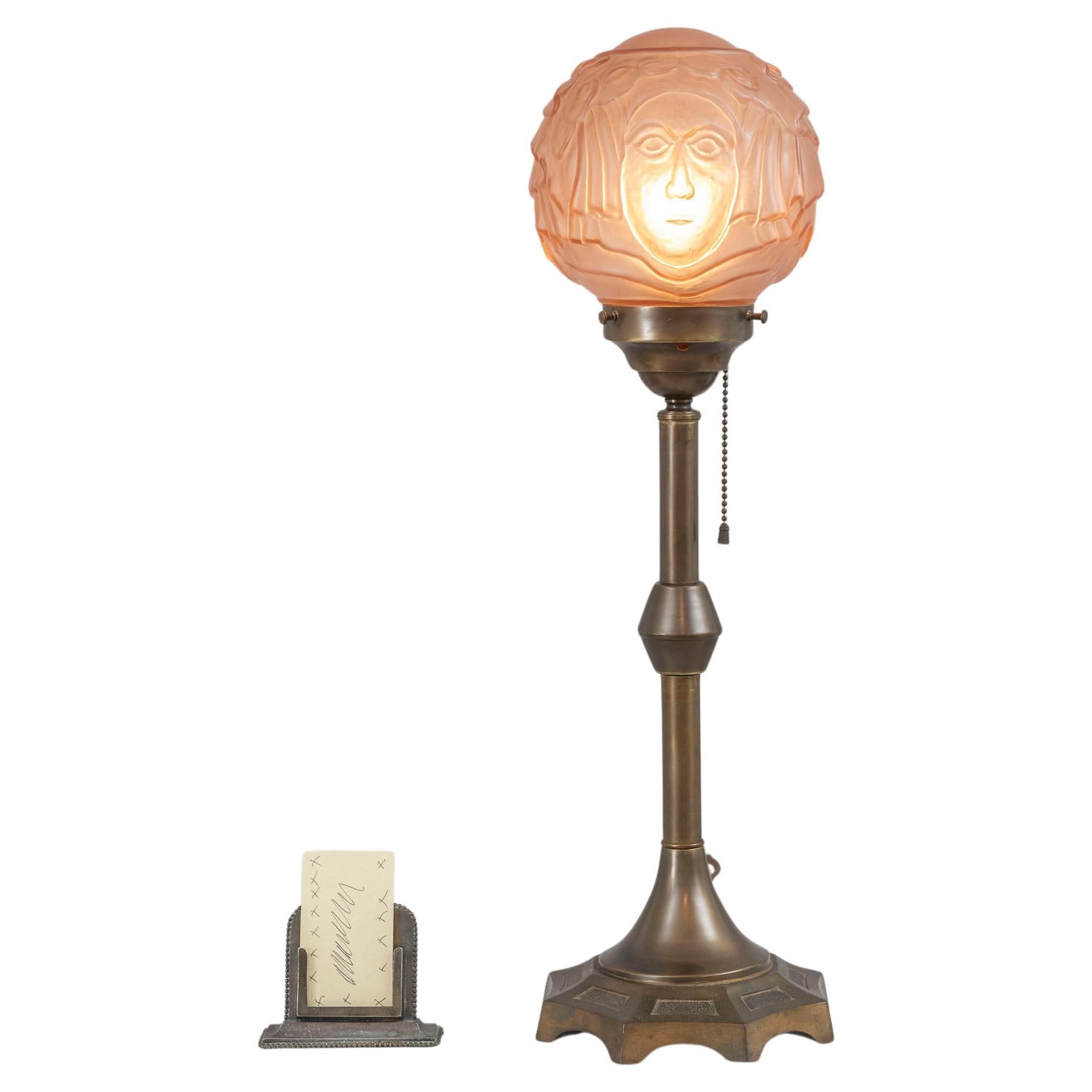 Art Deco Lamp, Bronze Base, Egyptian Revival Shade, ca. 1920