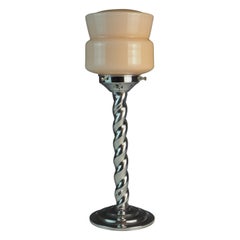 Art-Déco-Lampe, verchromter Barley-Twist mit rosa Art-Déco-Kugel