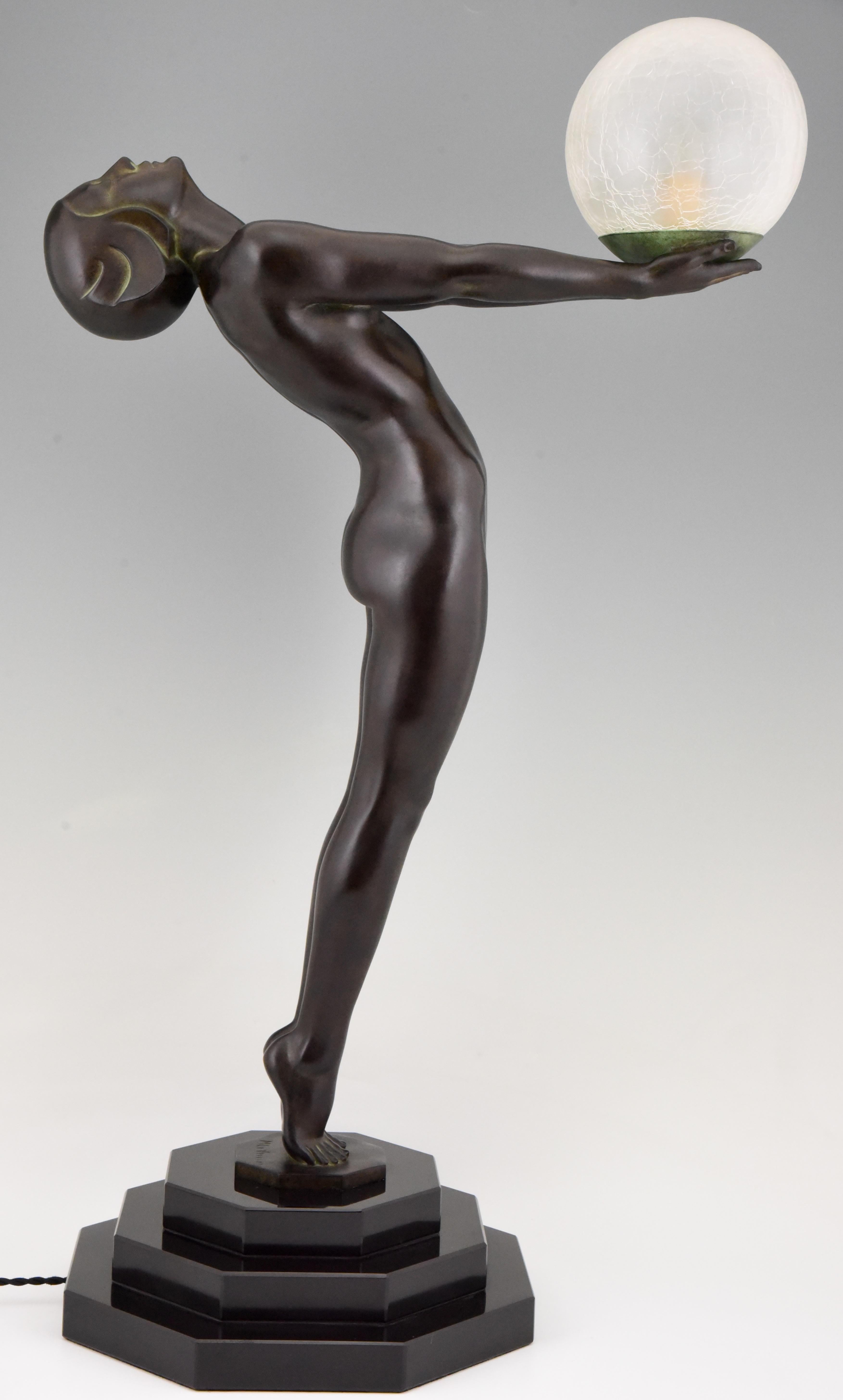 Patinated Art Deco style Lamp Clarté Nude with Globe by Max Le Verrier H. 33 inch / 84 cm