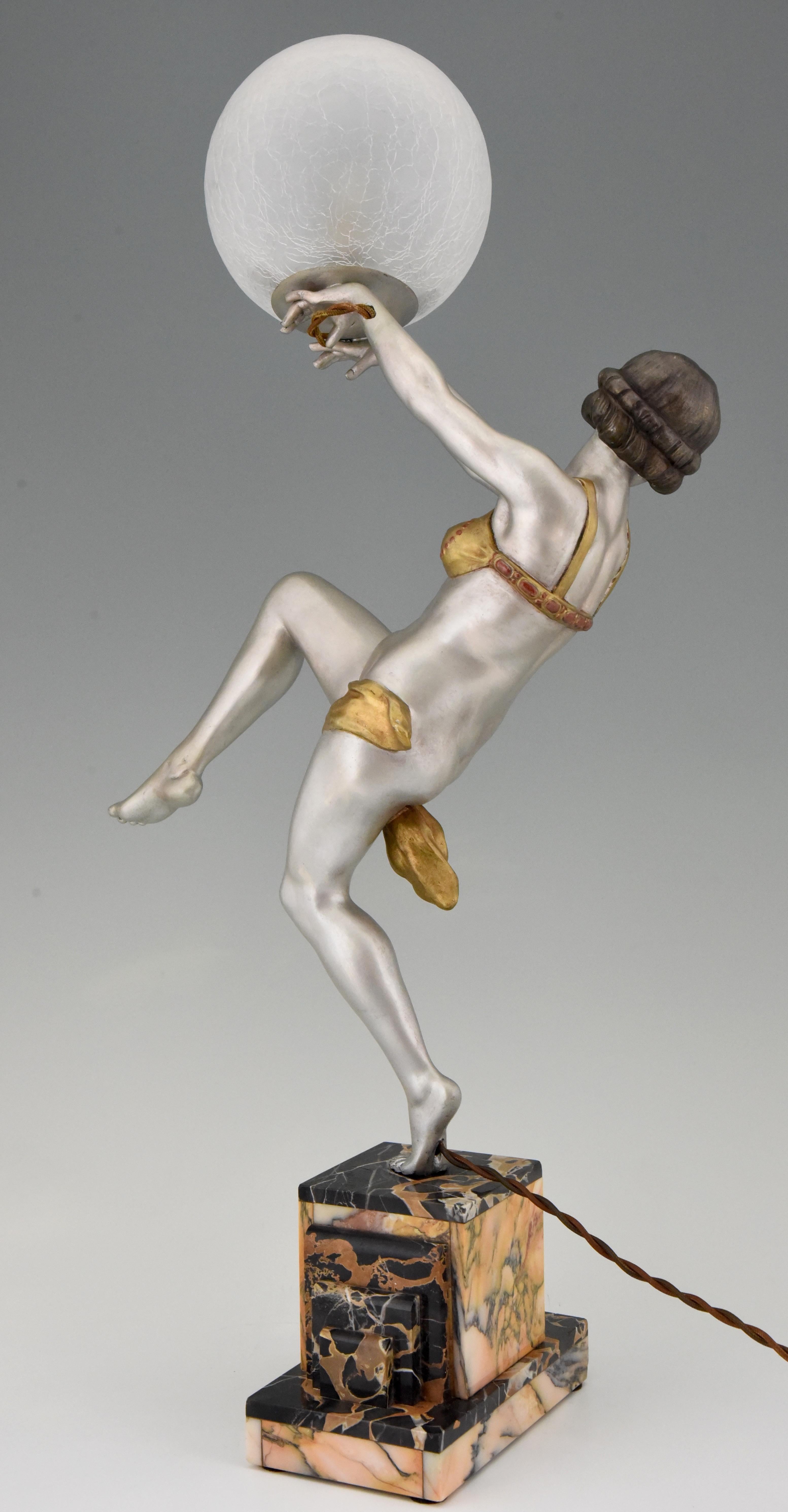 French Art Deco Lamp Dancing Nude Lady Holding a Glass Ball Emile Carlier, France, 1930