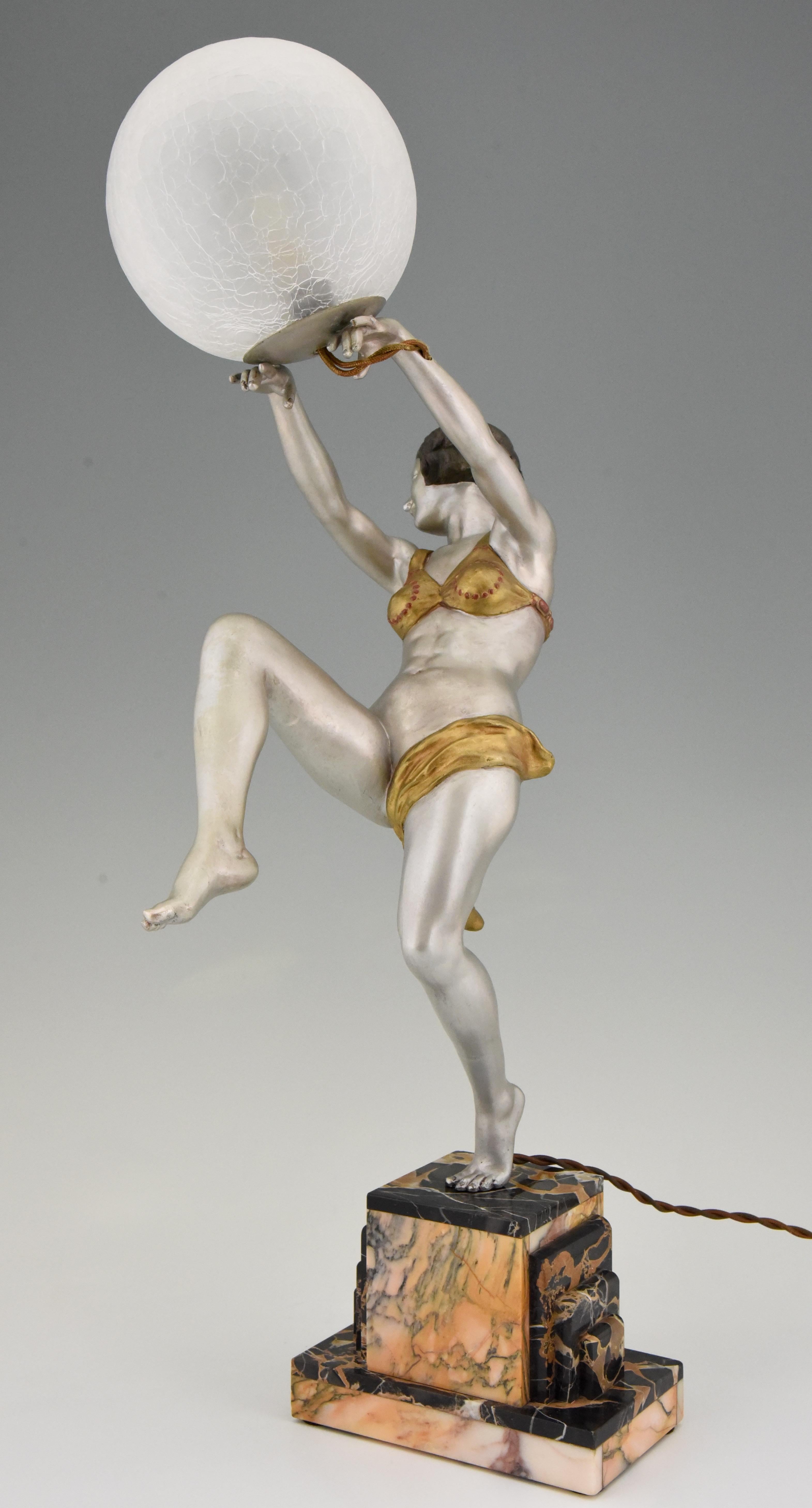 Art Deco Lamp Dancing Nude Lady Holding a Glass Ball Emile Carlier, France, 1930 In Good Condition In Antwerp, BE